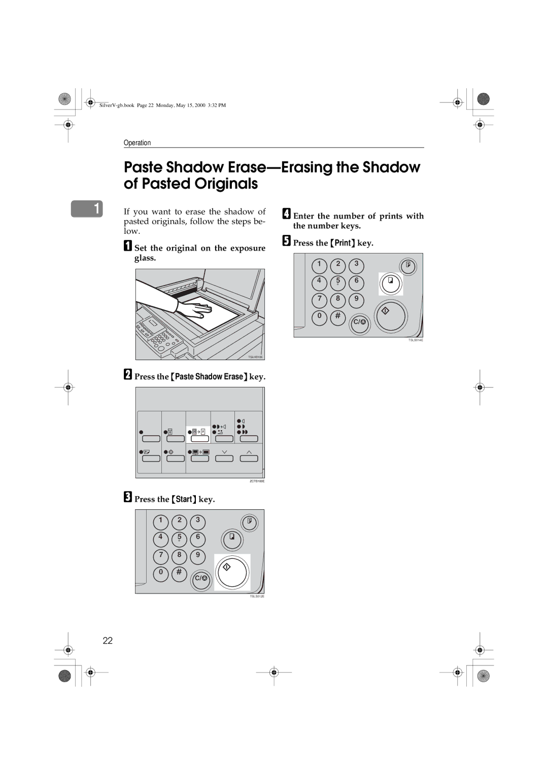 Ricoh Priport manual Paste Shadow Erase-Erasing the Shadow of Pasted Originals, Set the original on the exposure glass 