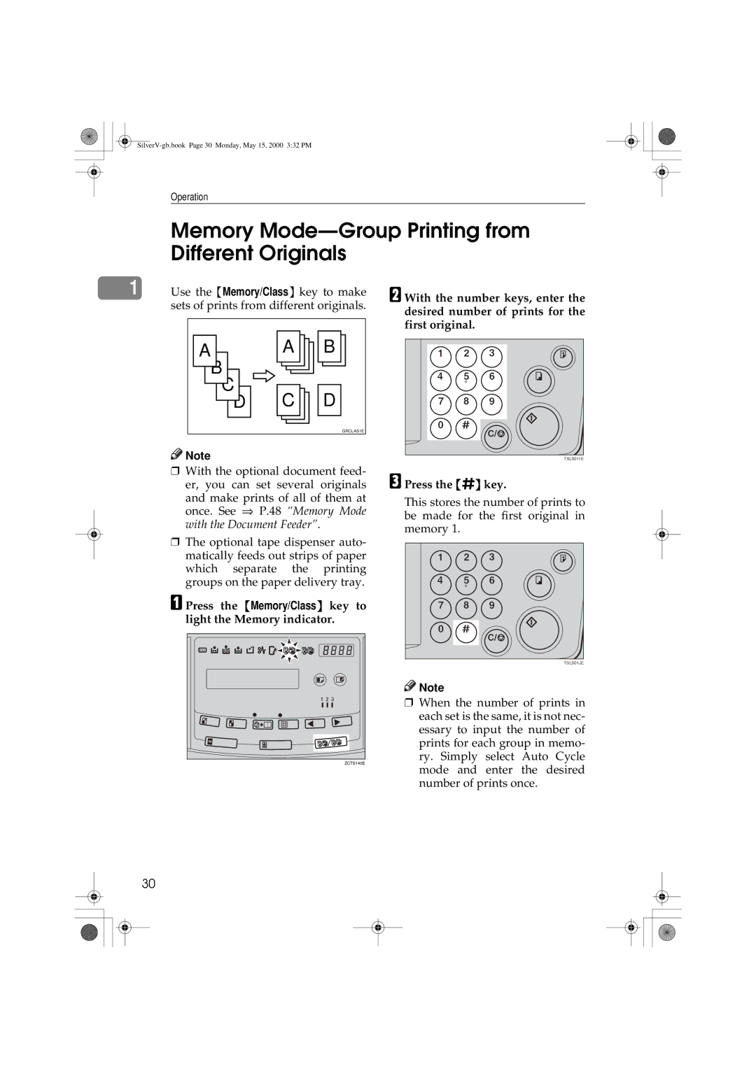Ricoh Priport, JP1210/1250 manual Memory Mode-Group Printing from Different Originals 