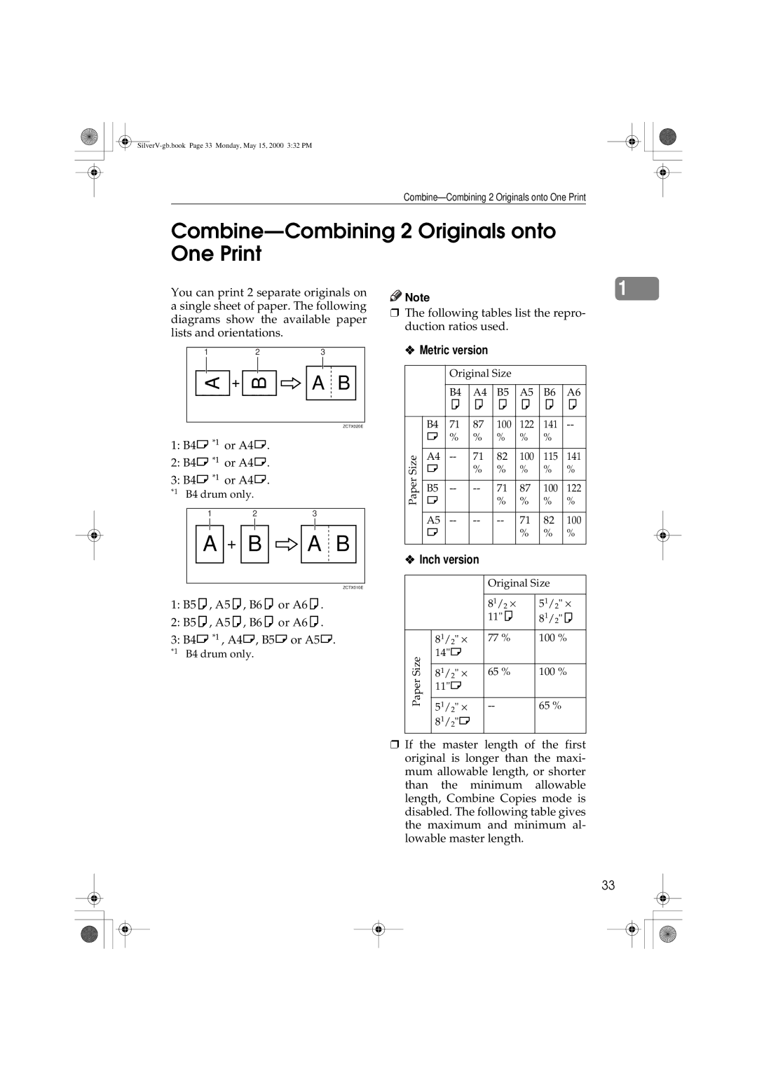 Ricoh JP1210/1250, Priport manual Combine-Combining 2 Originals onto One Print, Metric version, Inch version 