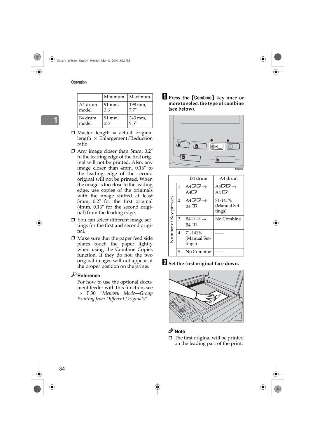 Ricoh Priport, JP1210/1250 manual Reference, Set the first original face down 