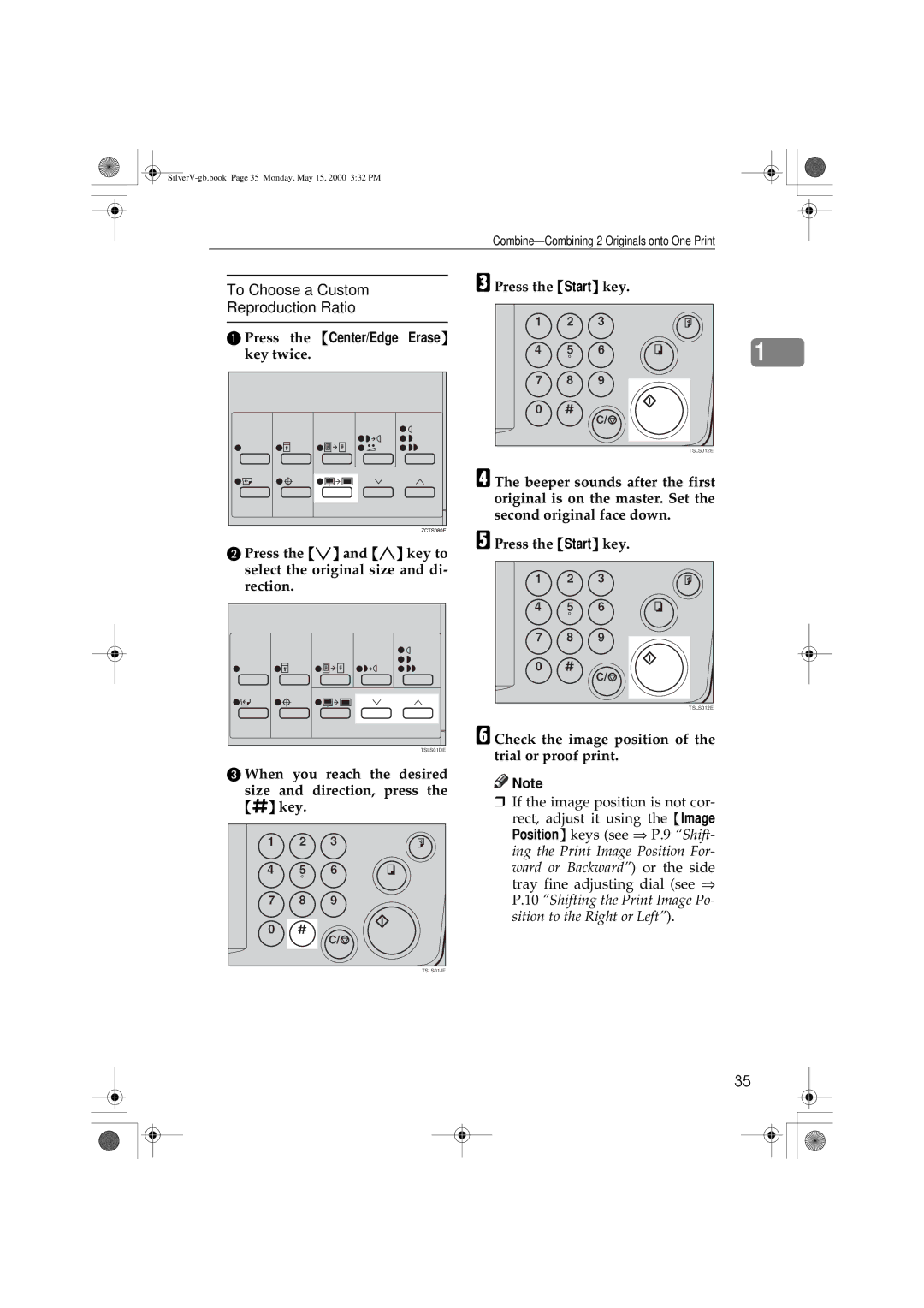 Ricoh JP1210/1250, Priport manual To Choose a Custom, Reproduction Ratio, Press the Center/Edge Erase 