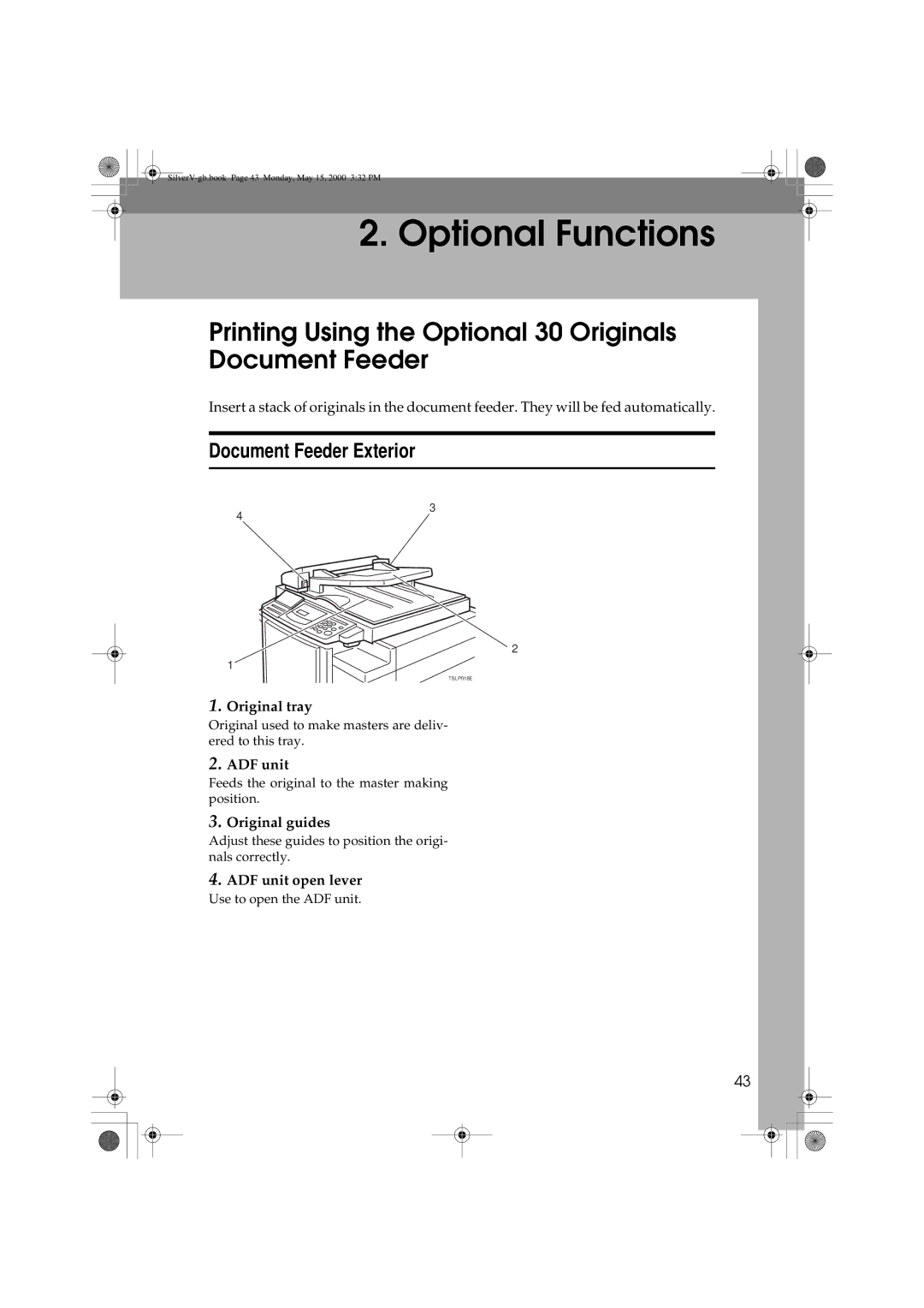 Ricoh JP1210/1250, Priport manual Printing Using the Optional 30 Originals Document Feeder, Document Feeder Exterior 