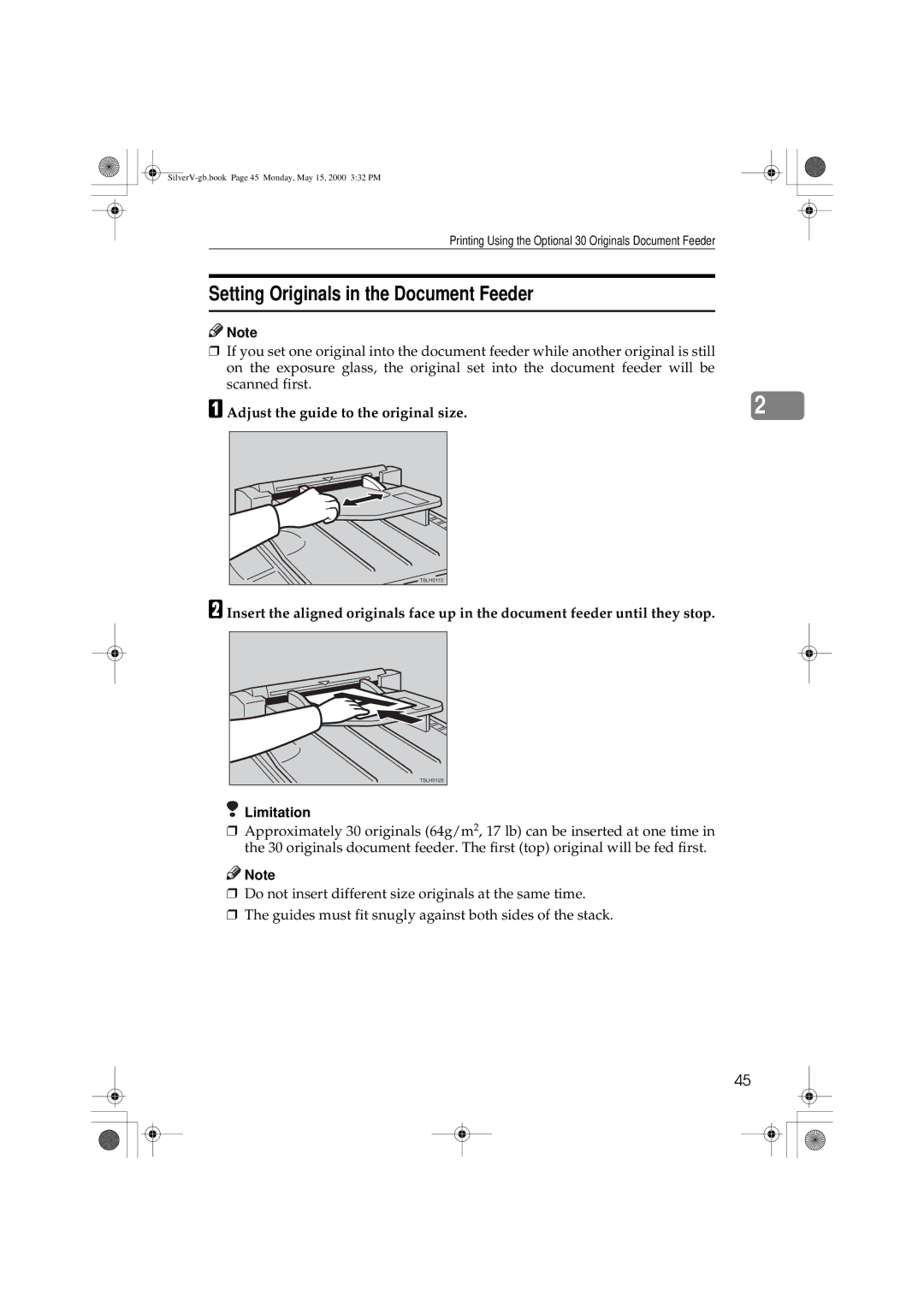 Ricoh JP1210/1250, Priport manual Setting Originals in the Document Feeder, Adjust the guide to the original size 