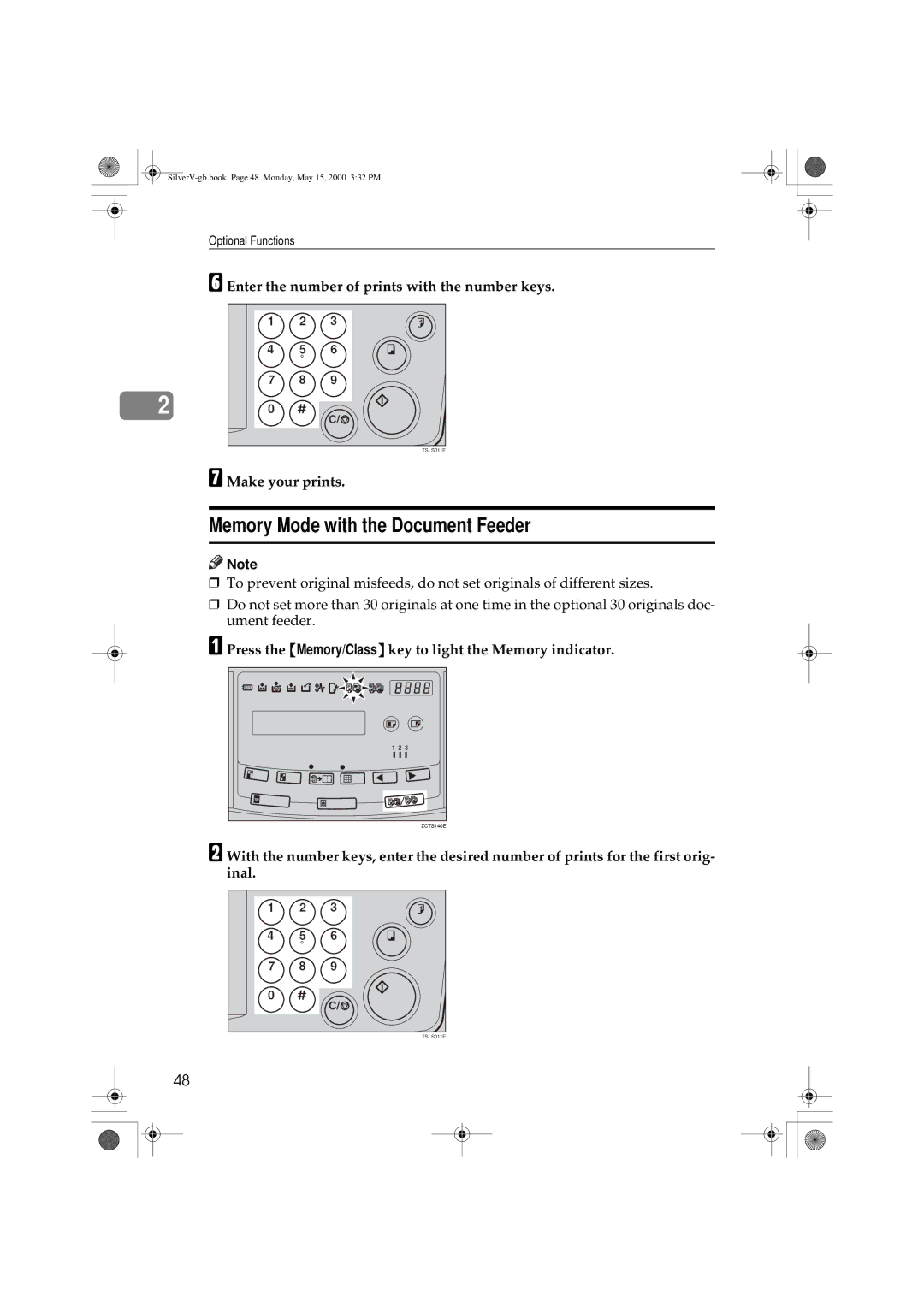 Ricoh Priport, JP1210/1250 manual Memory Mode with the Document Feeder, Enter the number of prints with the number keys 