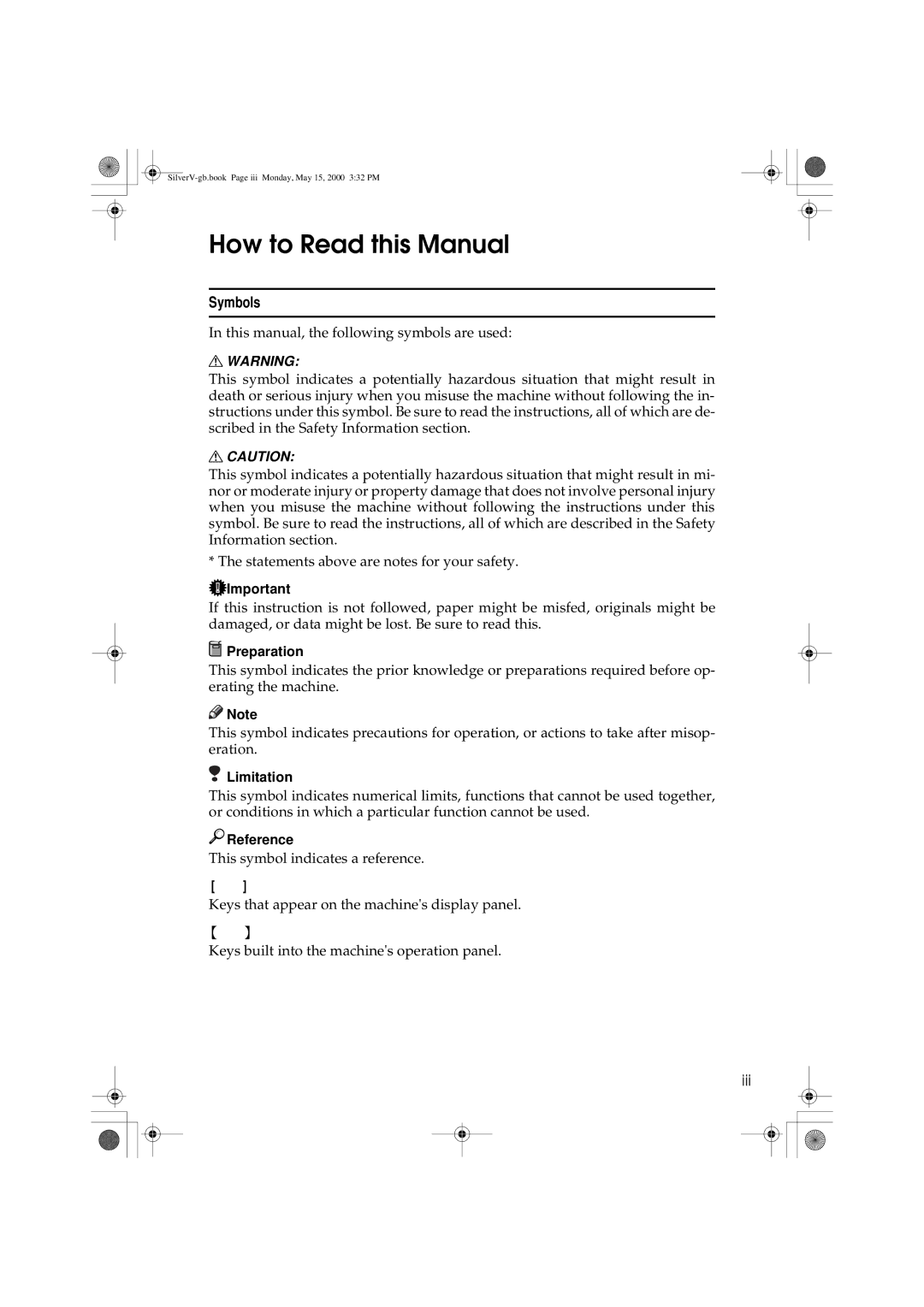 Ricoh JP1210/1250, Priport manual How to Read this Manual, Symbols, Iii 