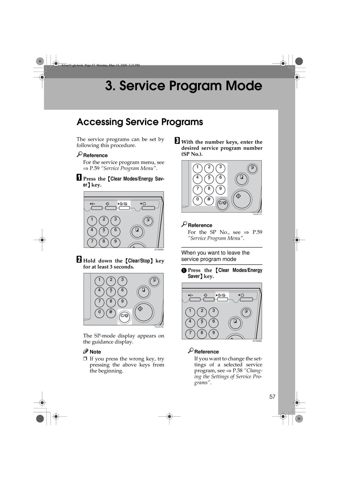 Ricoh JP1210/1250, Priport manual Accessing Service Programs, Press the Clear Modes/Energy Sav 