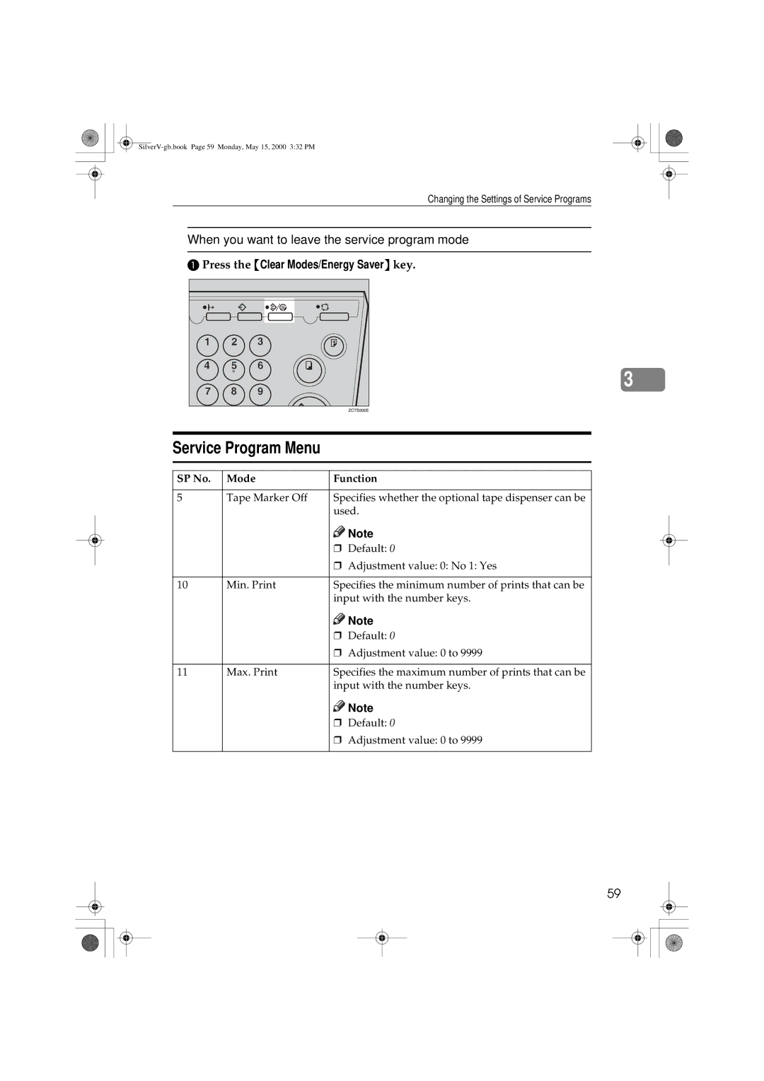 Ricoh JP1210/1250, Priport manual Service Program Menu, Press the Clear Modes/Energy Saver key 