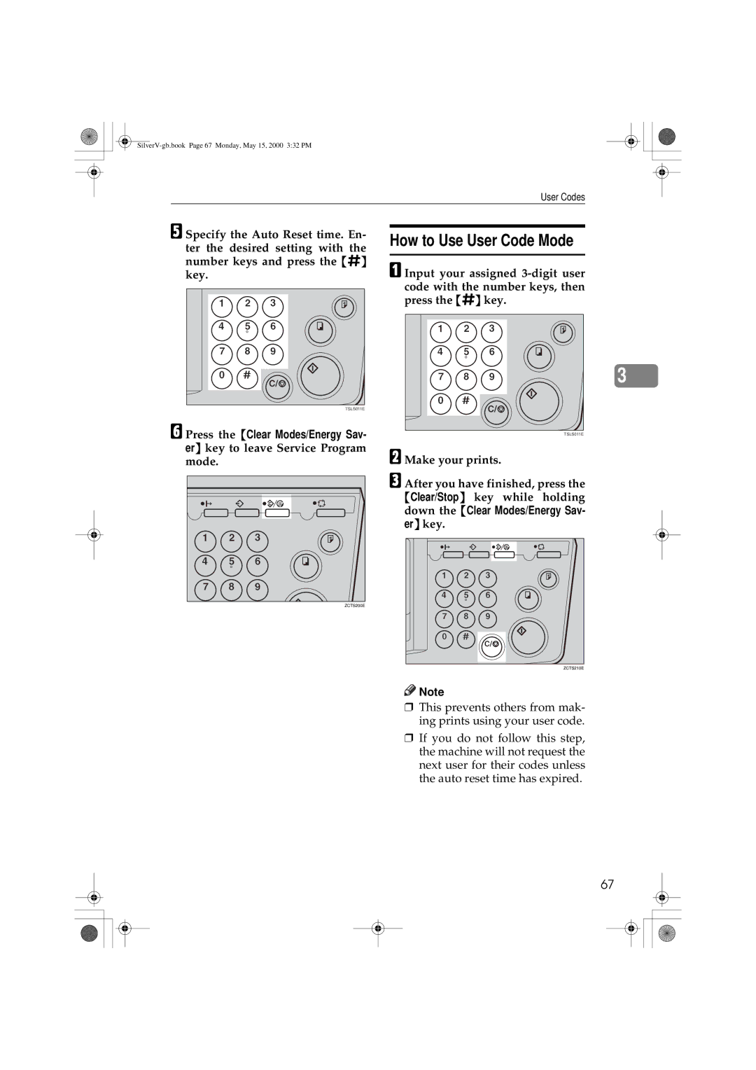 Ricoh JP1210/1250, Priport manual How to Use User Code Mode, Down the Clear Modes/Energy Sav, Er key 