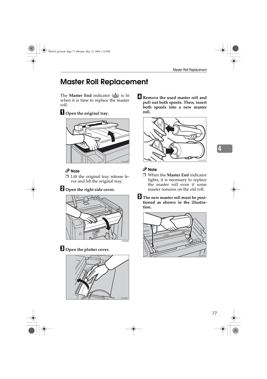 Ricoh JP1210/1250 manual Master Roll Replacement, Open the original tray, Open the right side cover Open the plotter cover 