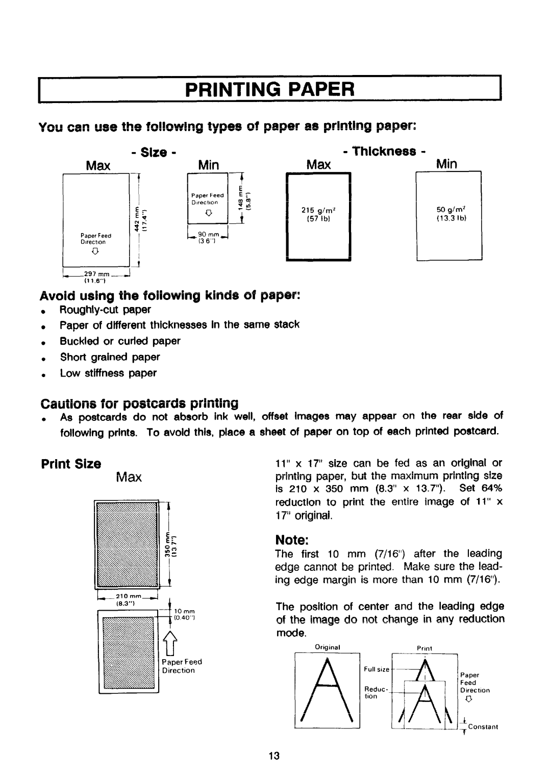 Ricoh PRIPORT VT2130 manual Printing Paper, Avoid using the foliowing kinds, Print Size, MinMaxMin 