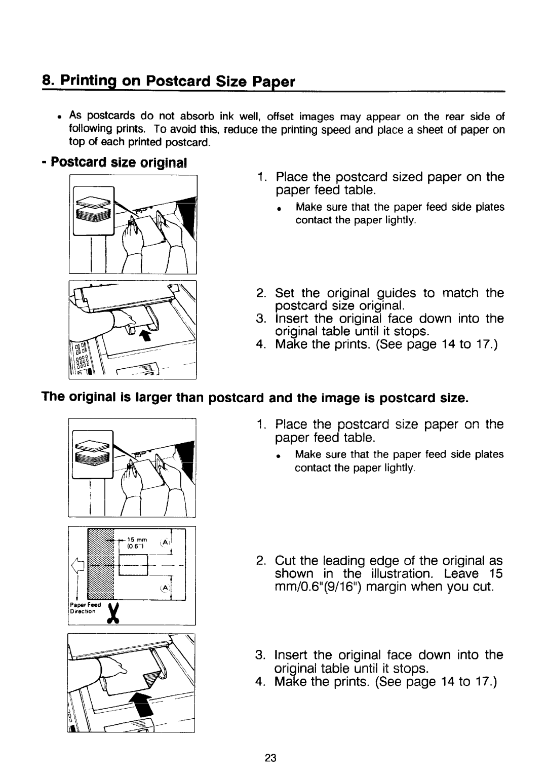 Ricoh PRIPORT VT2130 manual Printing on Postcard Size Paper, Postcard size original, Place the postcard sized paper on 