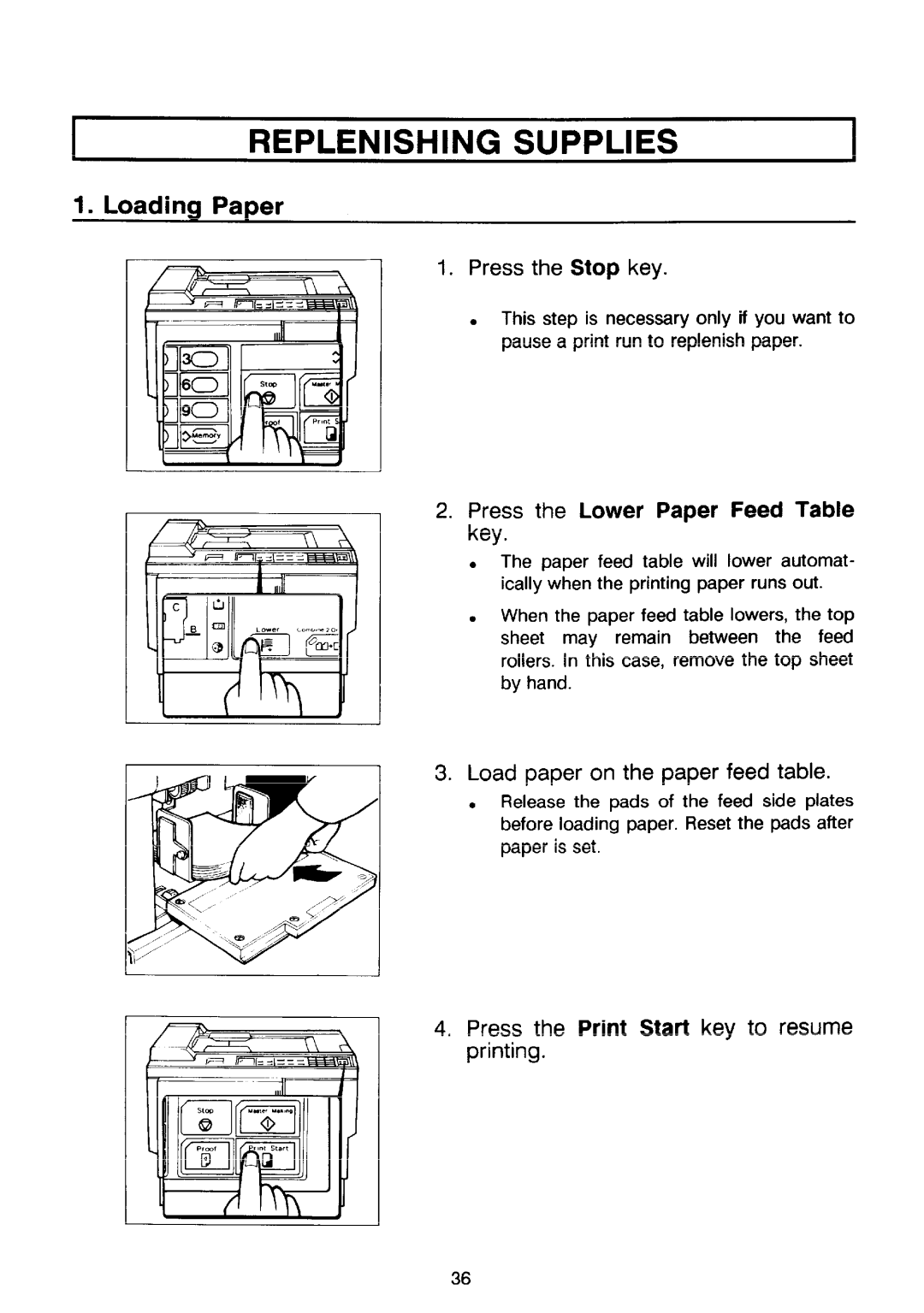 Ricoh PRIPORT VT2130 manual Replenishing Supplies, Loadina Pa~er, Press the Lower Paper Feed Table key 