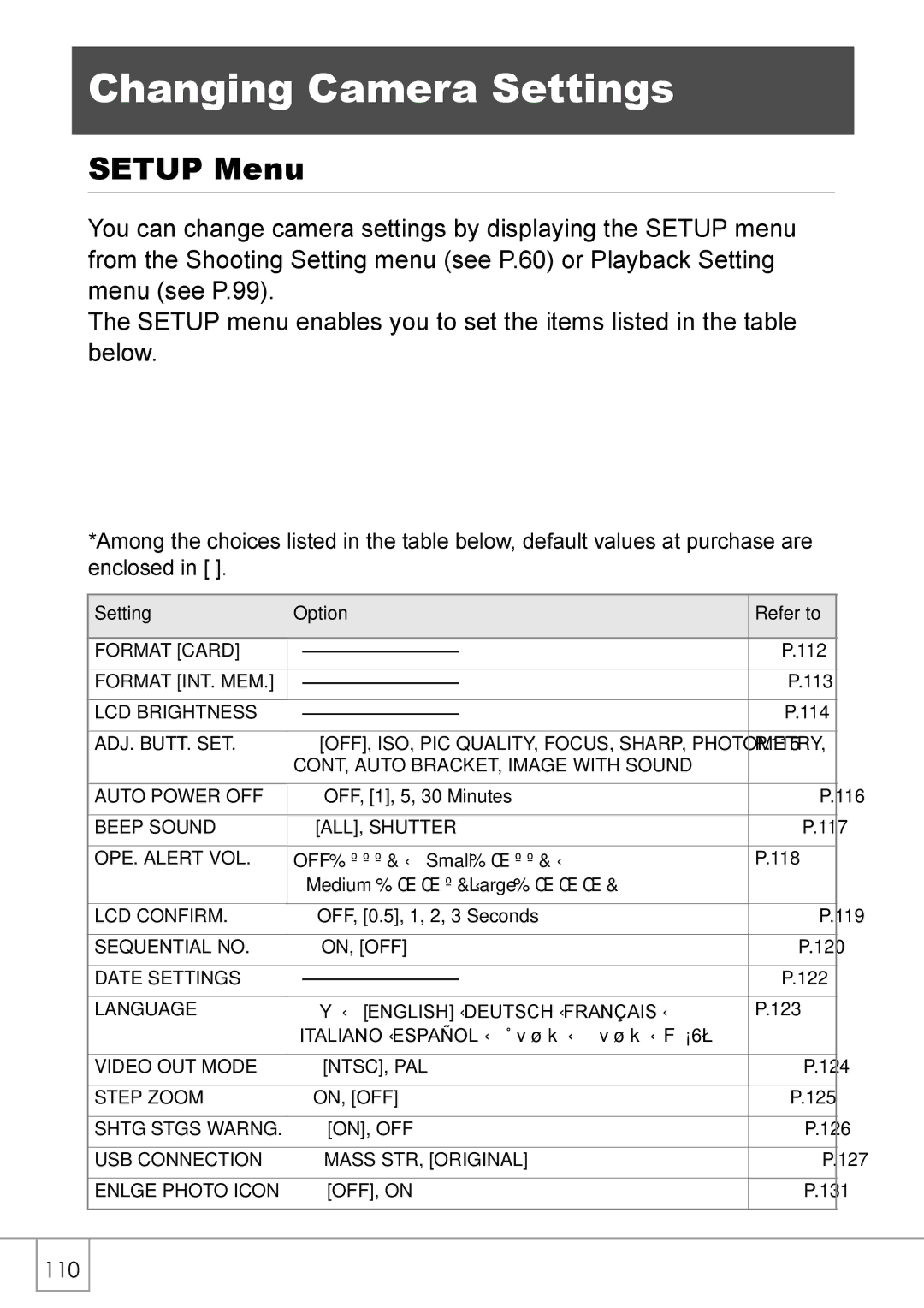 Ricoh R 3 manual Changing Camera Settings, Setup Menu 