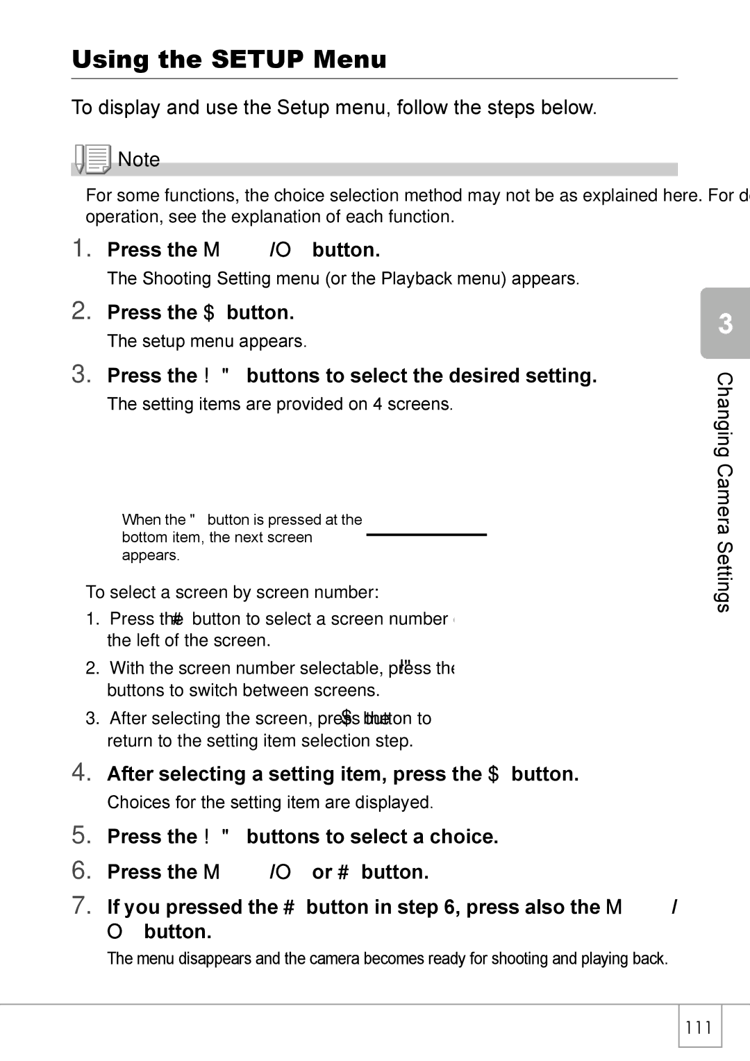 Ricoh R 3 manual Using the Setup Menu, Press the $ button 