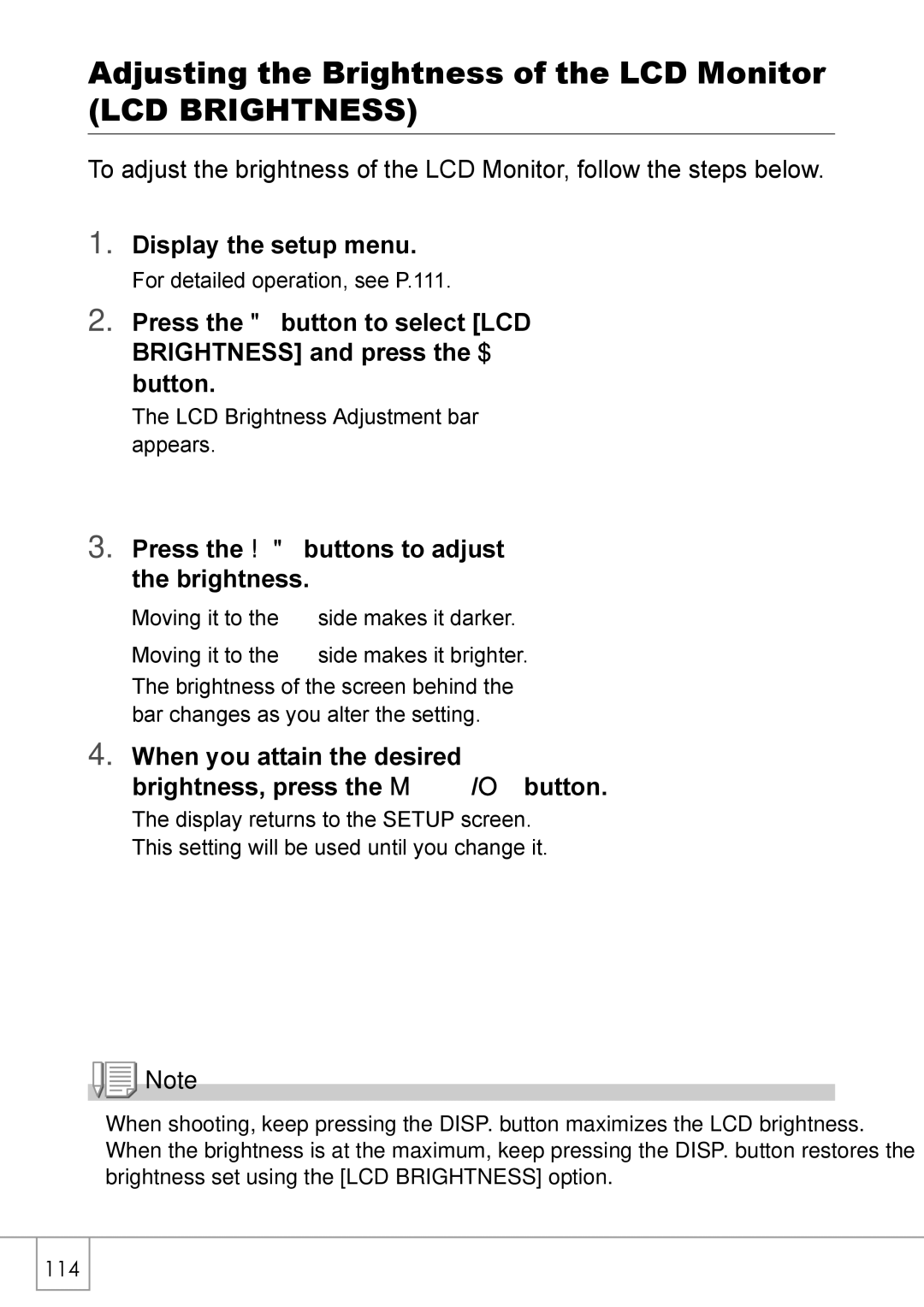 Ricoh R 3 manual Adjusting the Brightness of the LCD Monitor, LCD Brightness, Press the ! buttons to adjust the brightness 