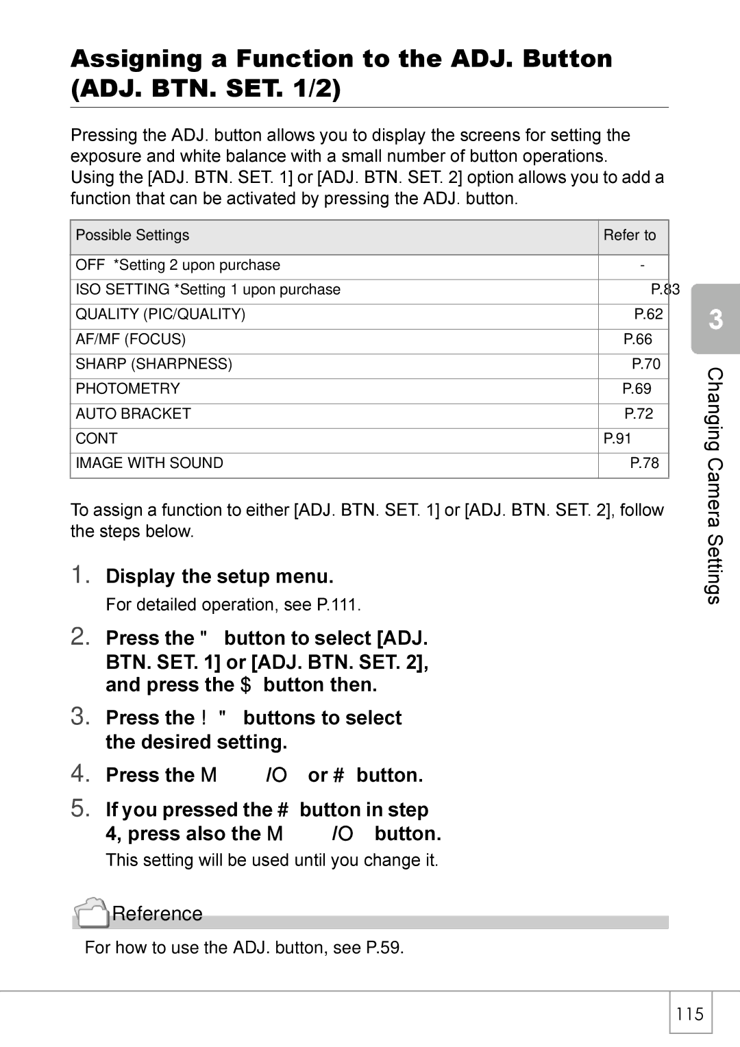 Ricoh R 3 manual Assigning a Function to the ADJ. Button ADJ. BTN. SET /2, Possible Settings Refer to 