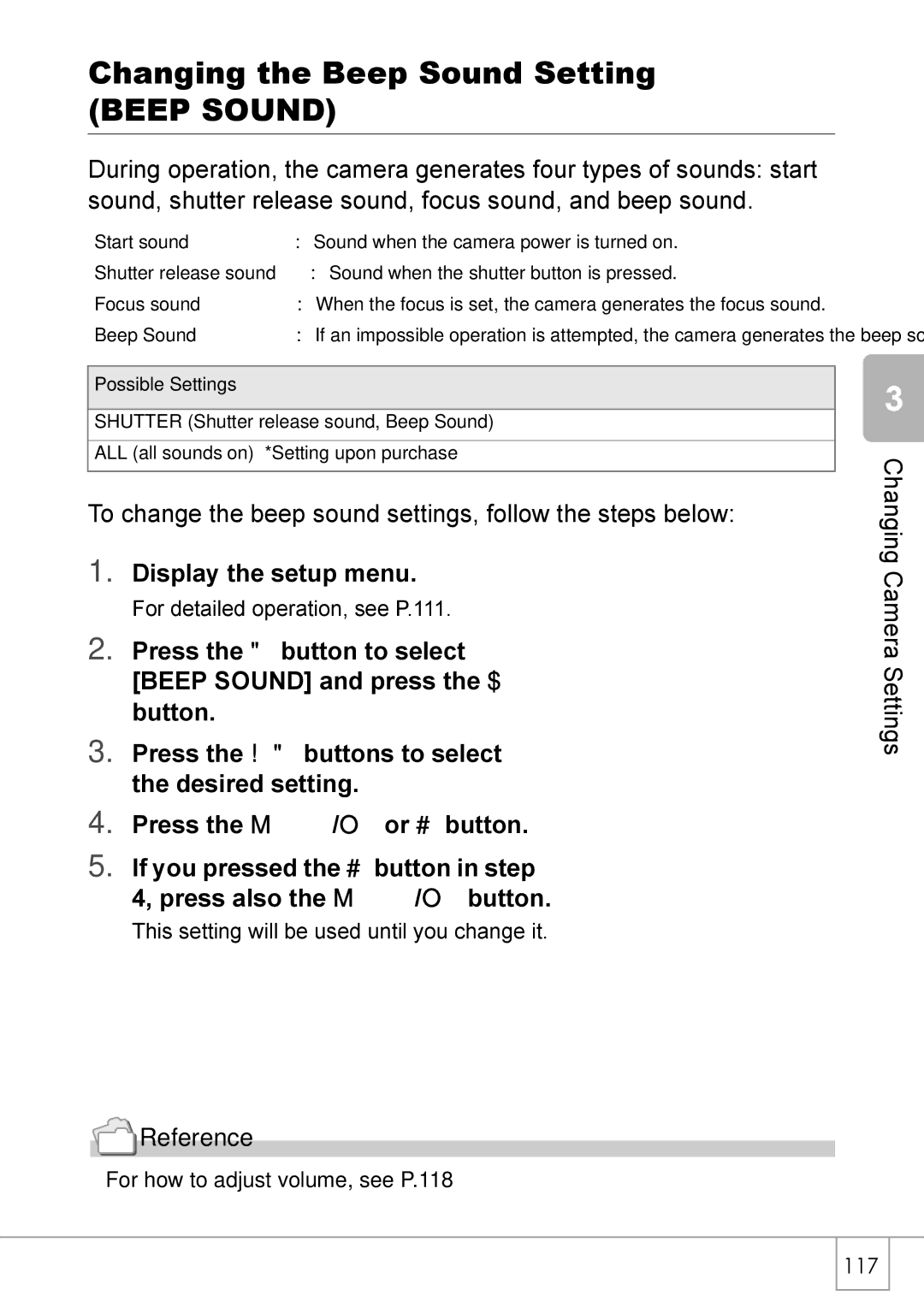 Ricoh R 3 manual Changing the Beep Sound Setting, Possible Settings 