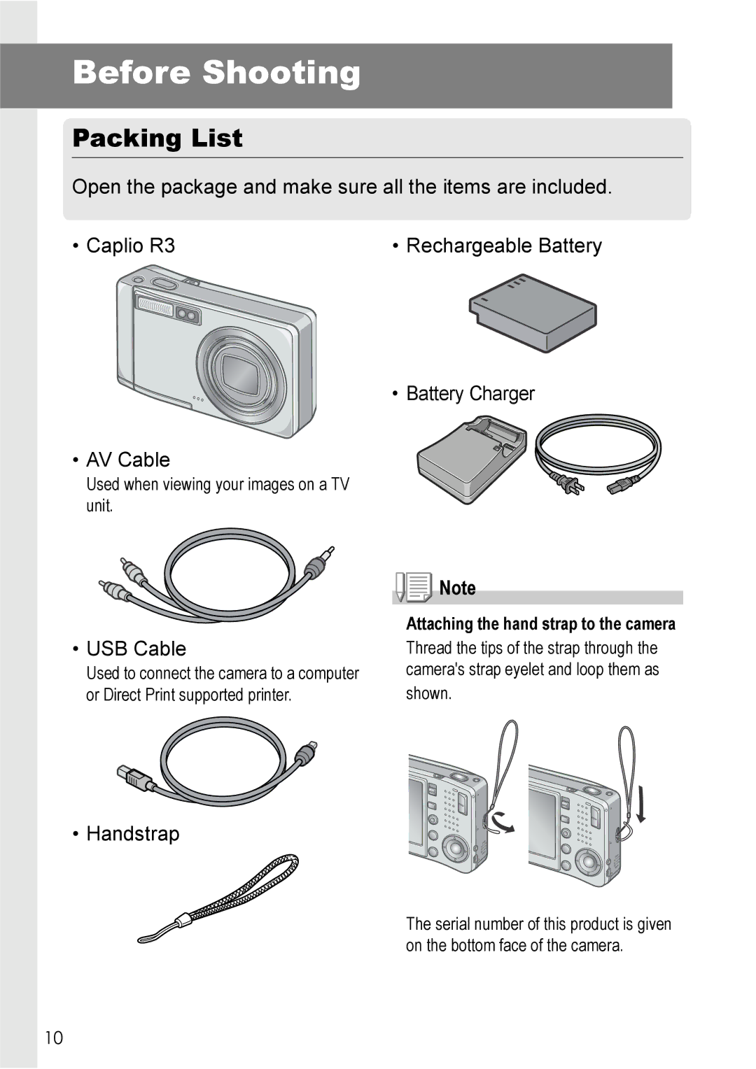 Ricoh R 3 manual Before Shooting, Packing List, Attaching the hand strap to the camera 