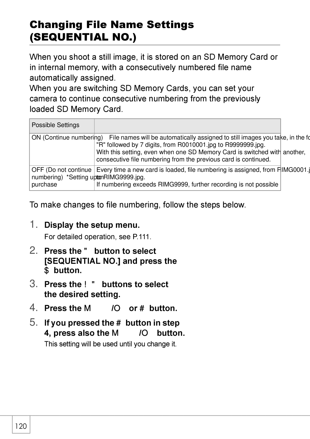 Ricoh R 3 manual Changing File Name Settings Sequential no, 120 