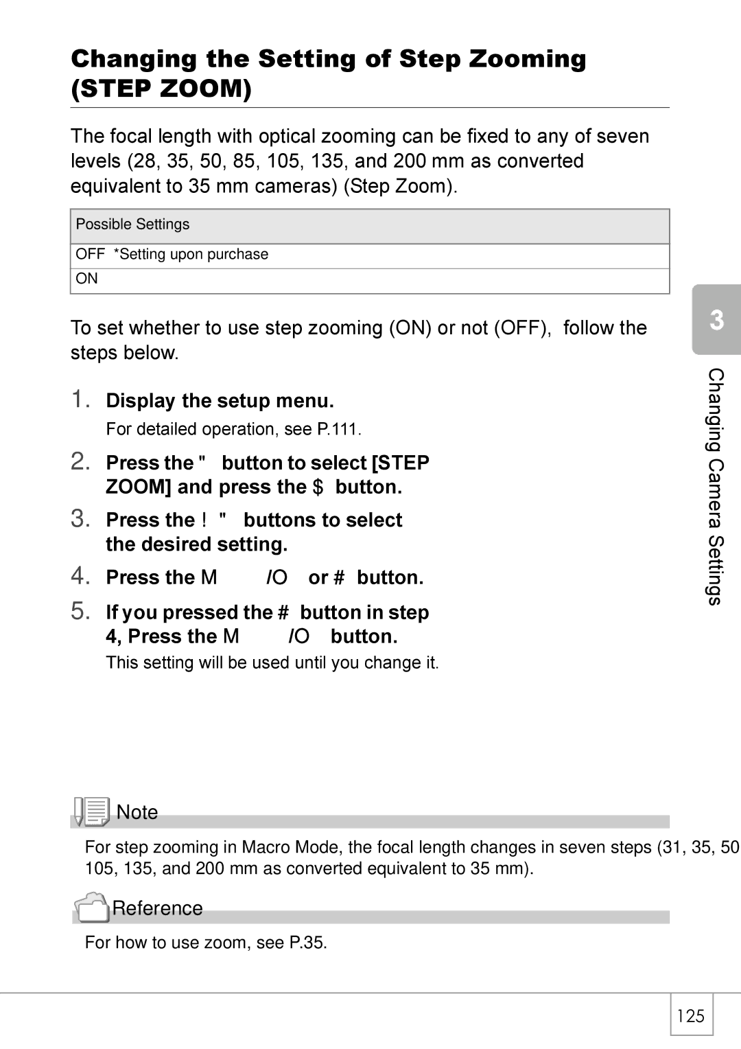 Ricoh R 3 manual Changing the Setting of Step Zooming Step Zoom, Reference 