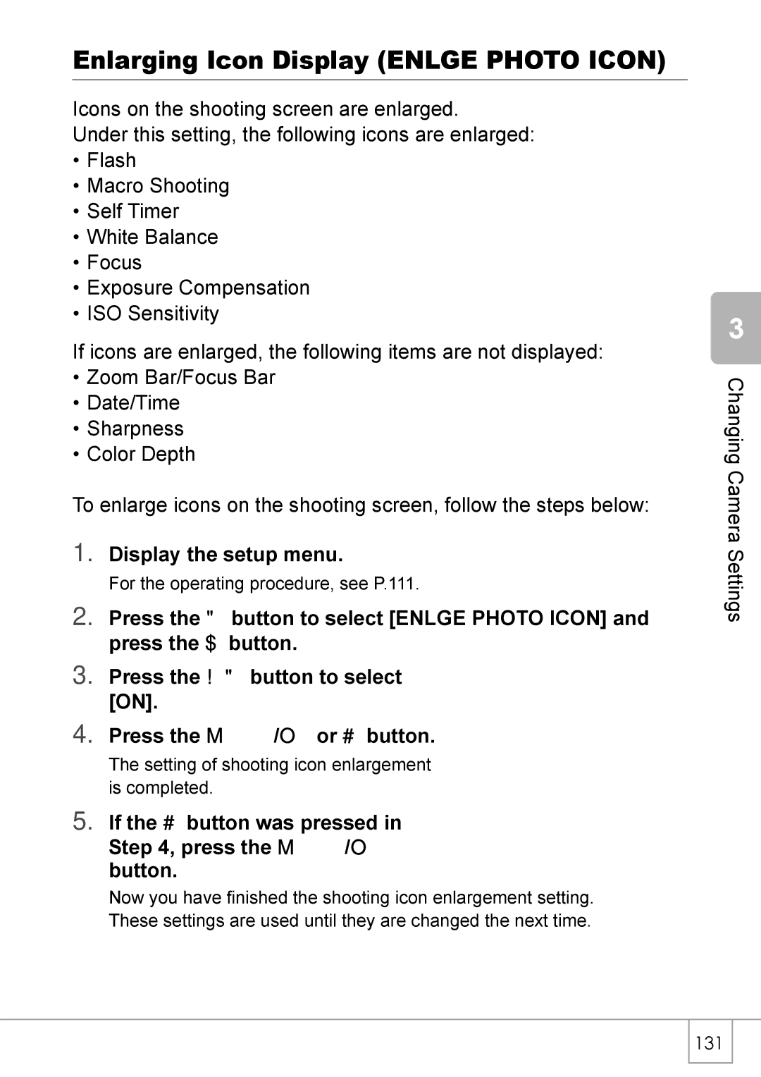 Ricoh R 3 manual Enlarging Icon Display Enlge Photo Icon, Display the setup menu 