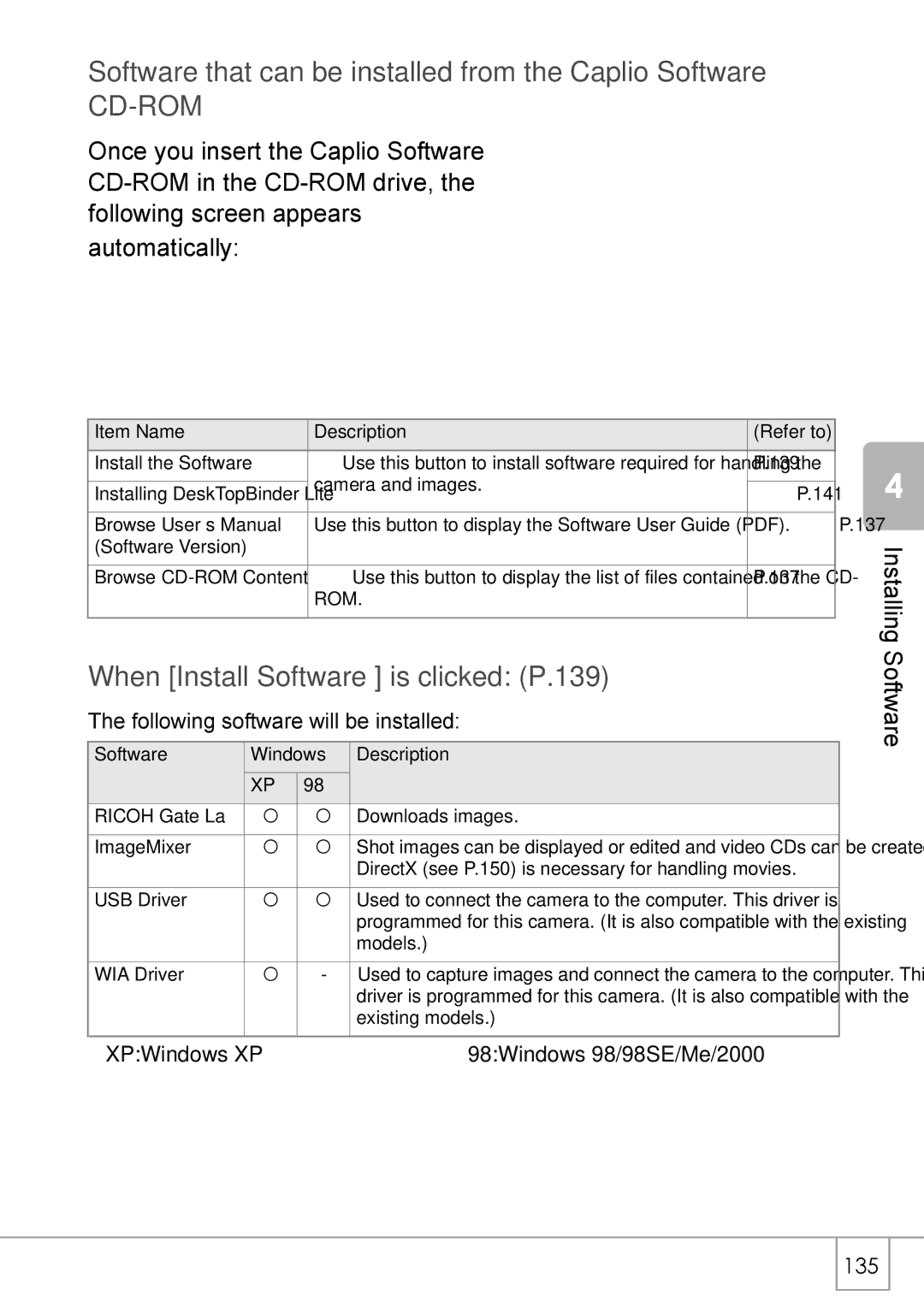 Ricoh R 3 manual Software that can be installed from the Caplio Software, When Install Software is clicked P.139 