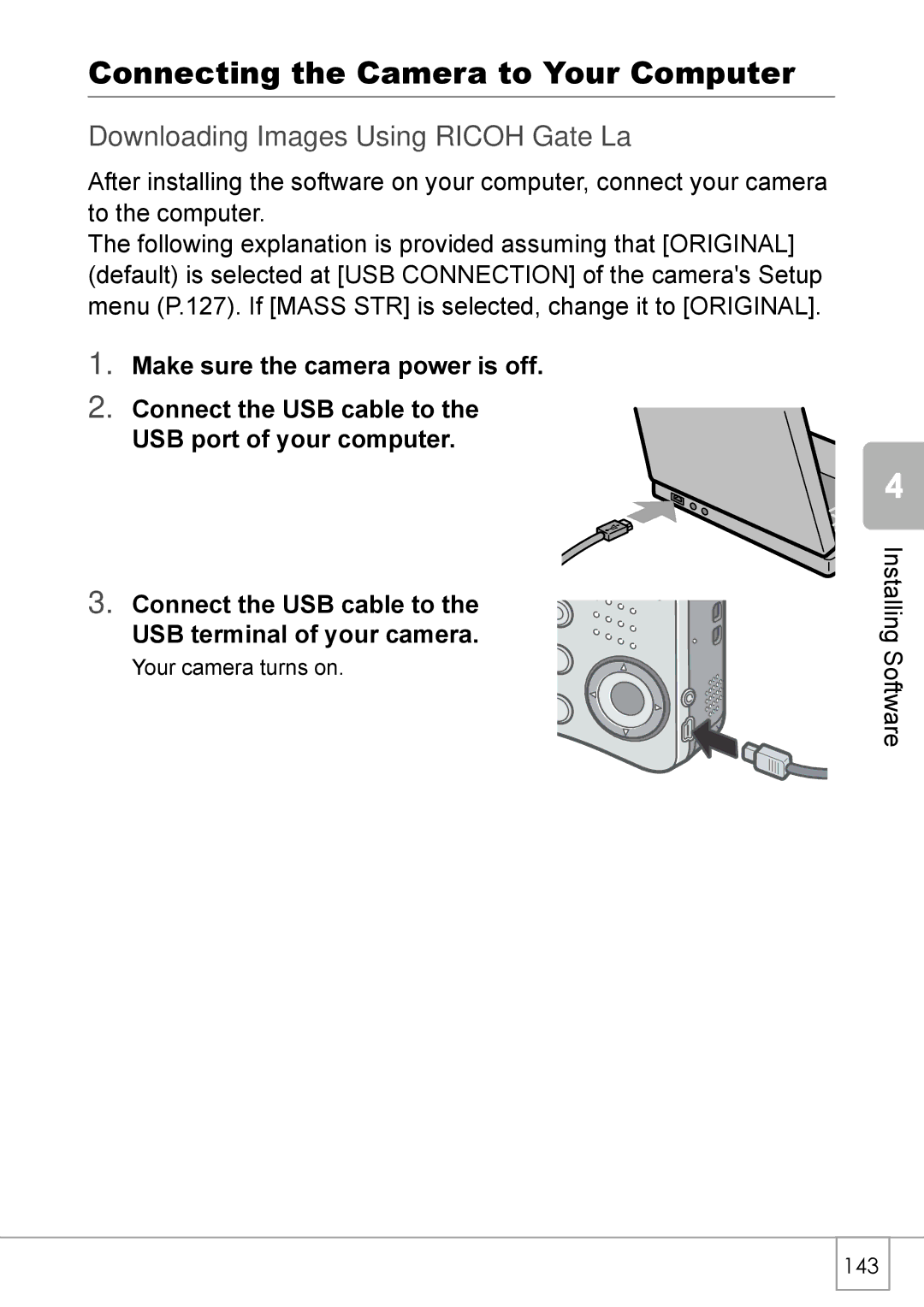 Ricoh R 3 manual Connecting the Camera to Your Computer, Downloading Images Using Ricoh Gate La 