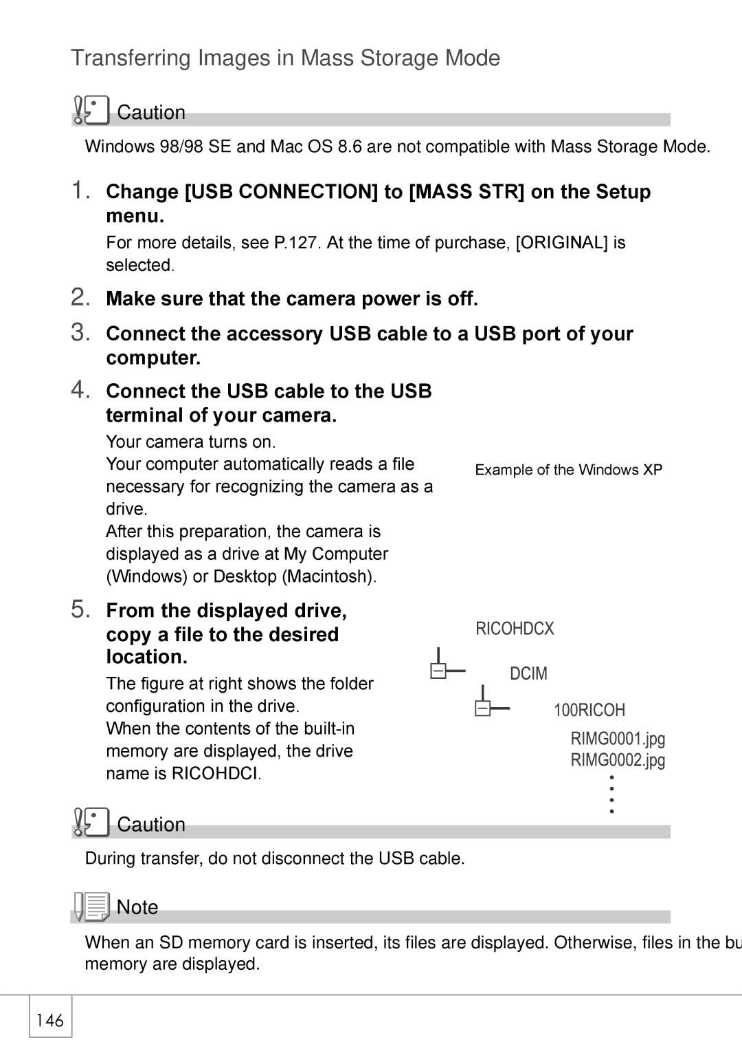 Ricoh R 3 manual Transferring Images in Mass Storage Mode, Change USB Connection to Mass STR on the Setup menu 