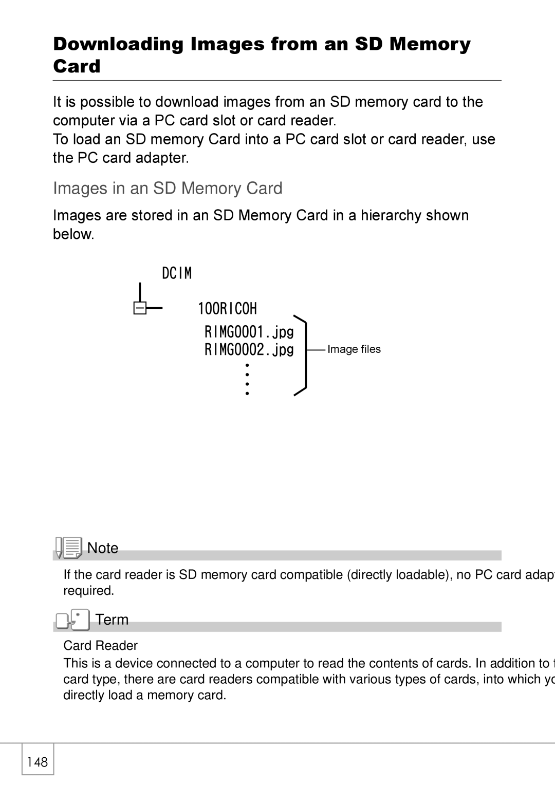 Ricoh R 3 manual Downloading Images from an SD Memory Card, Images in an SD Memory Card, Card Reader 