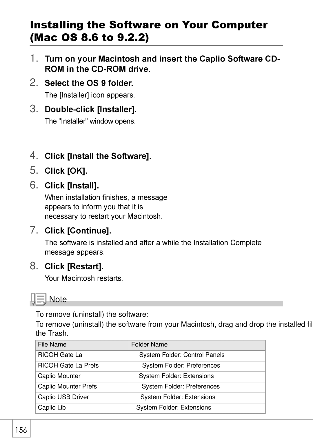 Ricoh R 3 Installing the Software on Your Computer Mac OS 8.6 to, Double-click Installer, Click Continue, Click Restart 