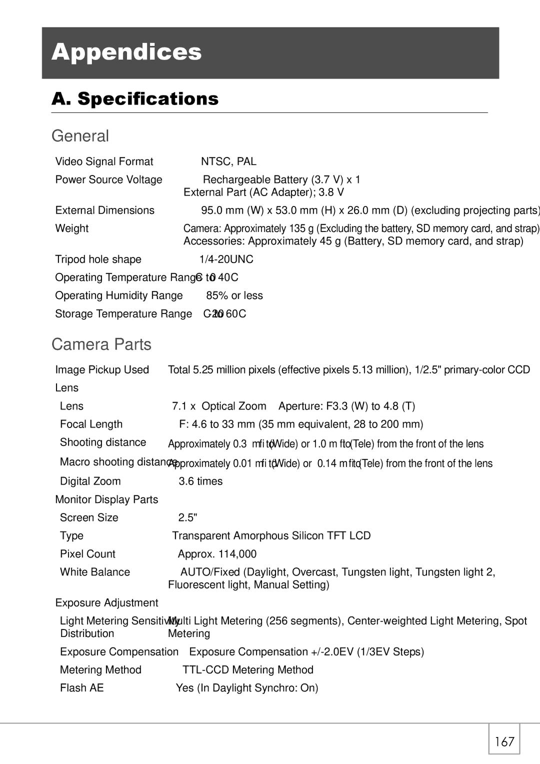 Ricoh R 3 manual Appendices, Specifications, General, Camera Parts 