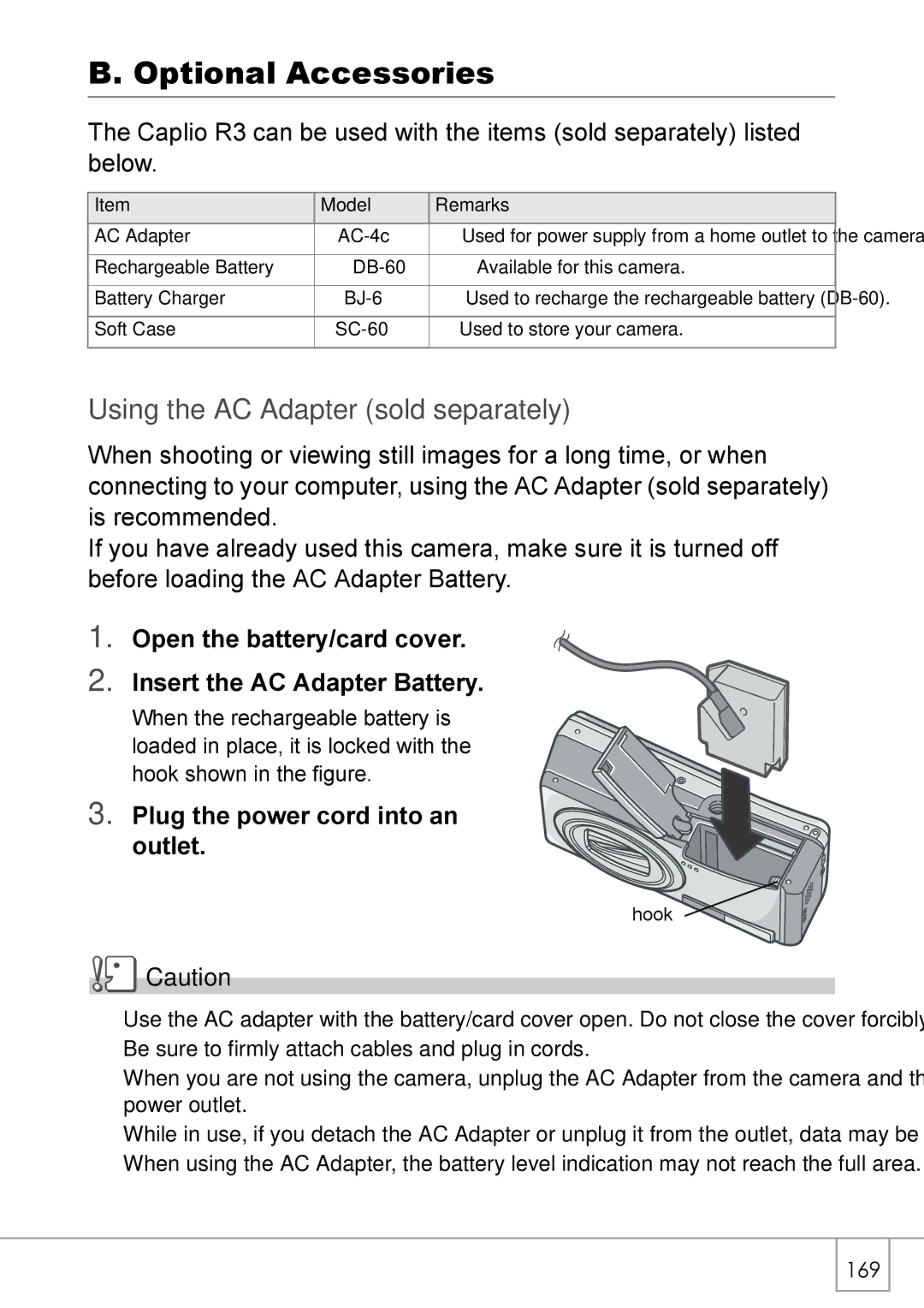 Ricoh R 3 manual Optional Accessories, Using the AC Adapter sold separately, Plug the power cord into an outlet 