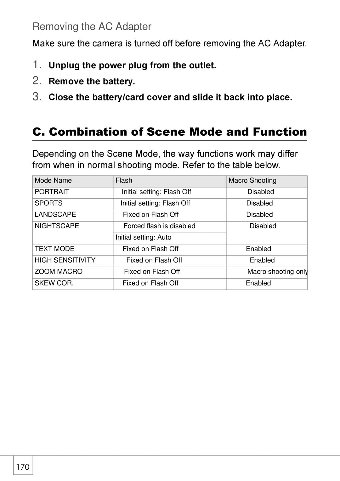 Ricoh R 3 manual Combination of Scene Mode and Function, Removing the AC Adapter 