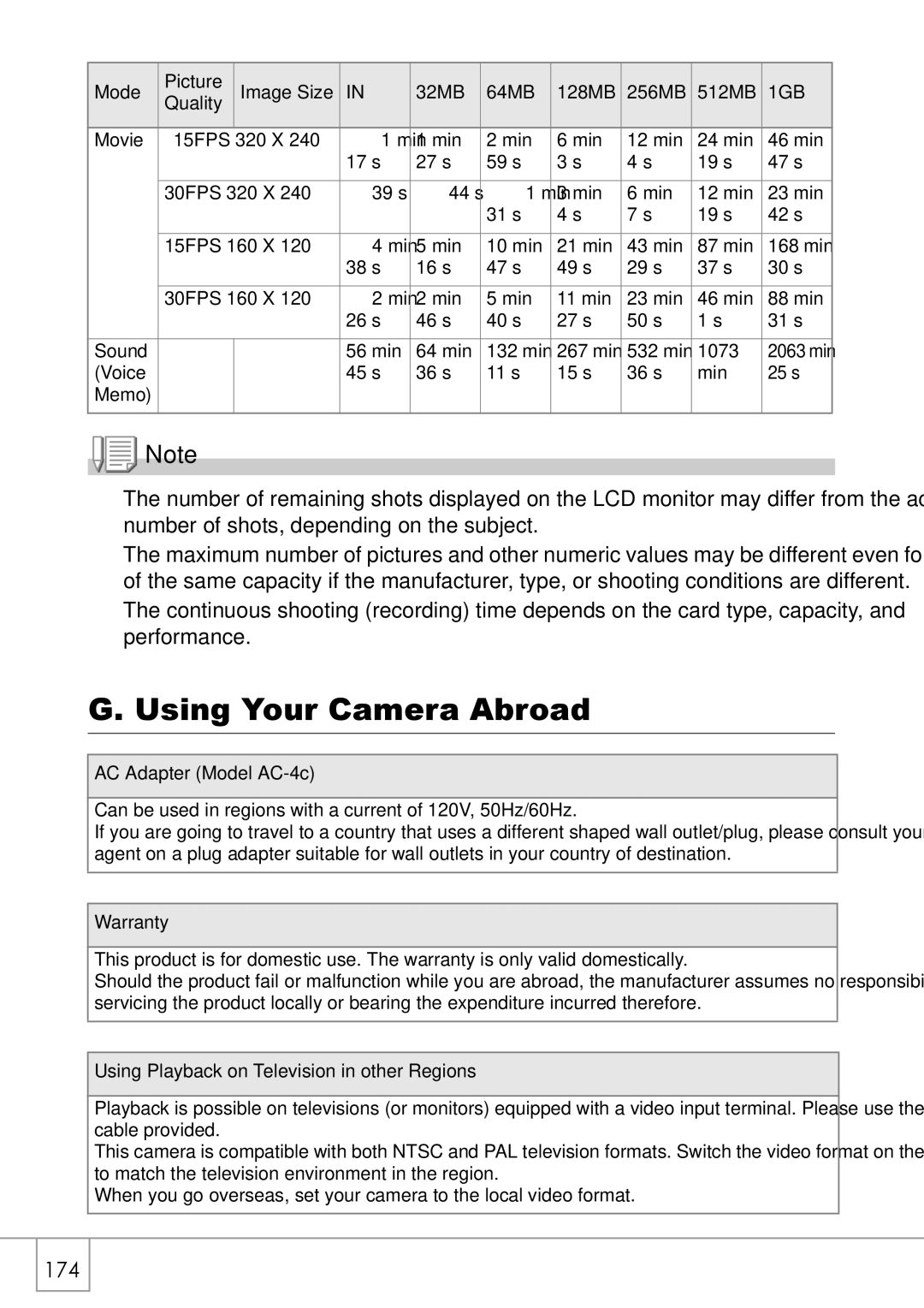 Ricoh R 3 manual Using Your Camera Abroad, AC Adapter Model AC-4c, Warranty, Using Playback on Television in other Regions 