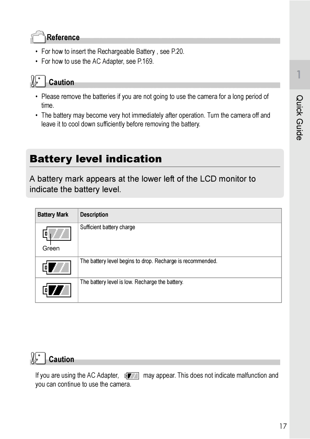 Ricoh R 3 manual Battery level indication, Battery Mark Description 