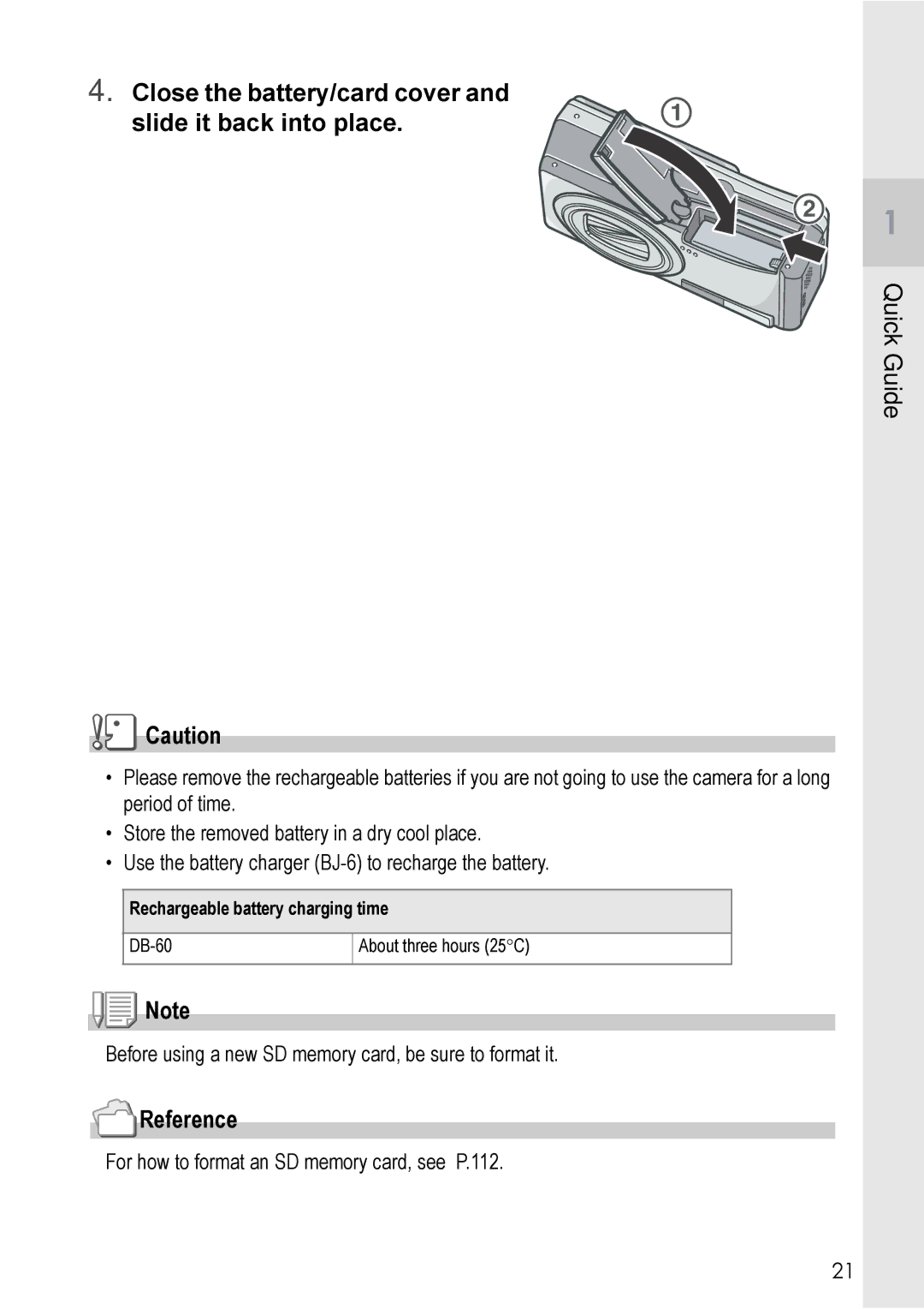 Ricoh R 3 manual Close the battery/card cover and slide it back into place, Rechargeable battery charging time 