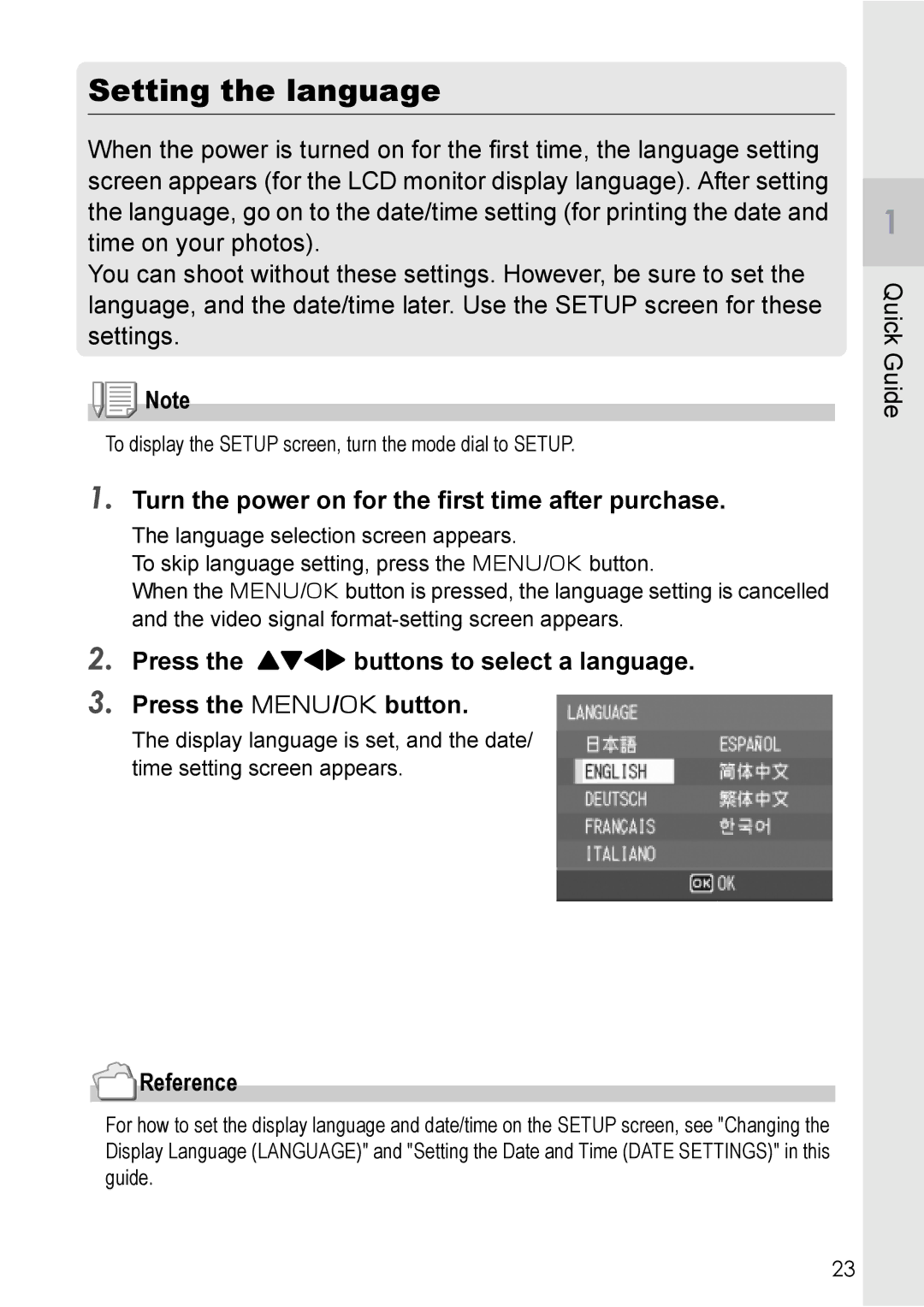 Ricoh R 3 manual Setting the language, Turn the power on for the first time after purchase 