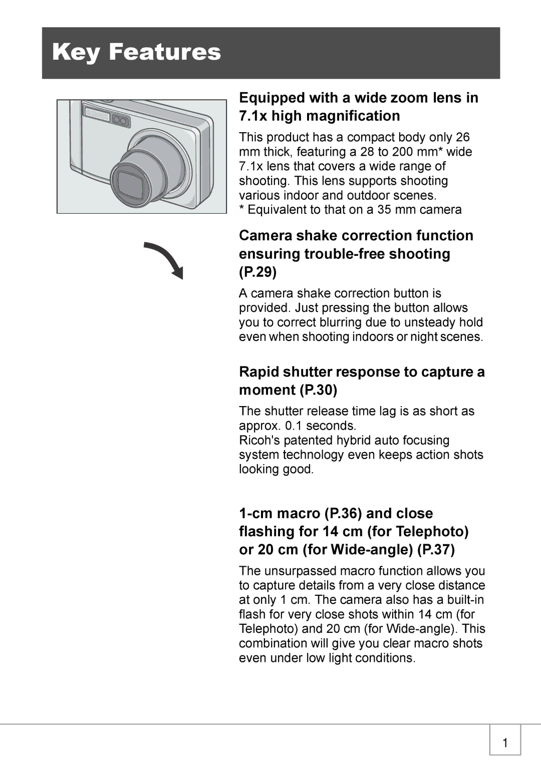 Ricoh R 3 manual Key Features, Equipped with a wide zoom lens in 7.1x high magnification 