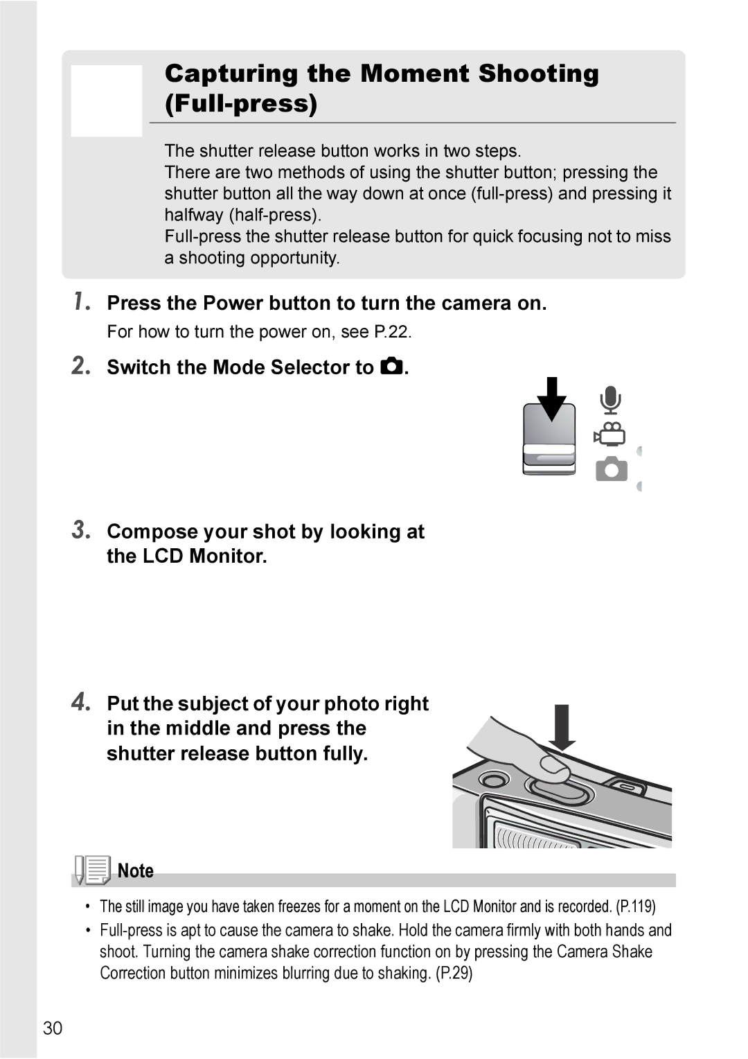 Ricoh R 3 manual Capturing the Moment Shooting Full-press, Press the Power button to turn the camera on 