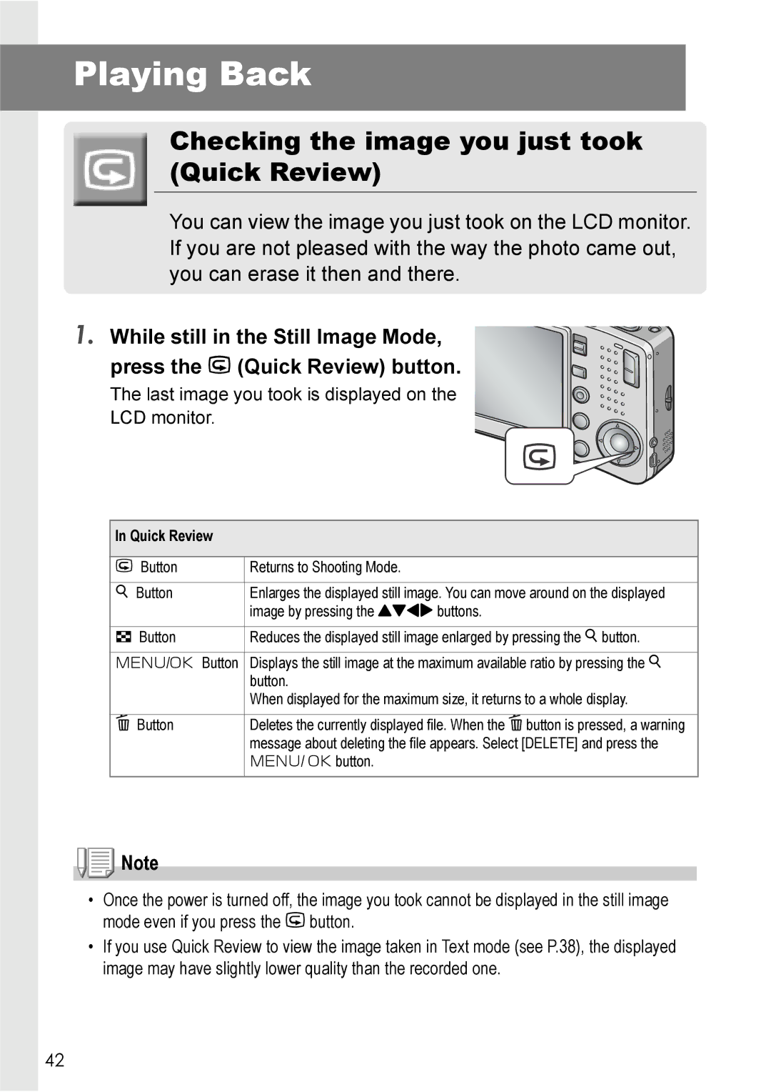 Ricoh R 3 manual Playing Back, Checking the image you just took Quick Review 