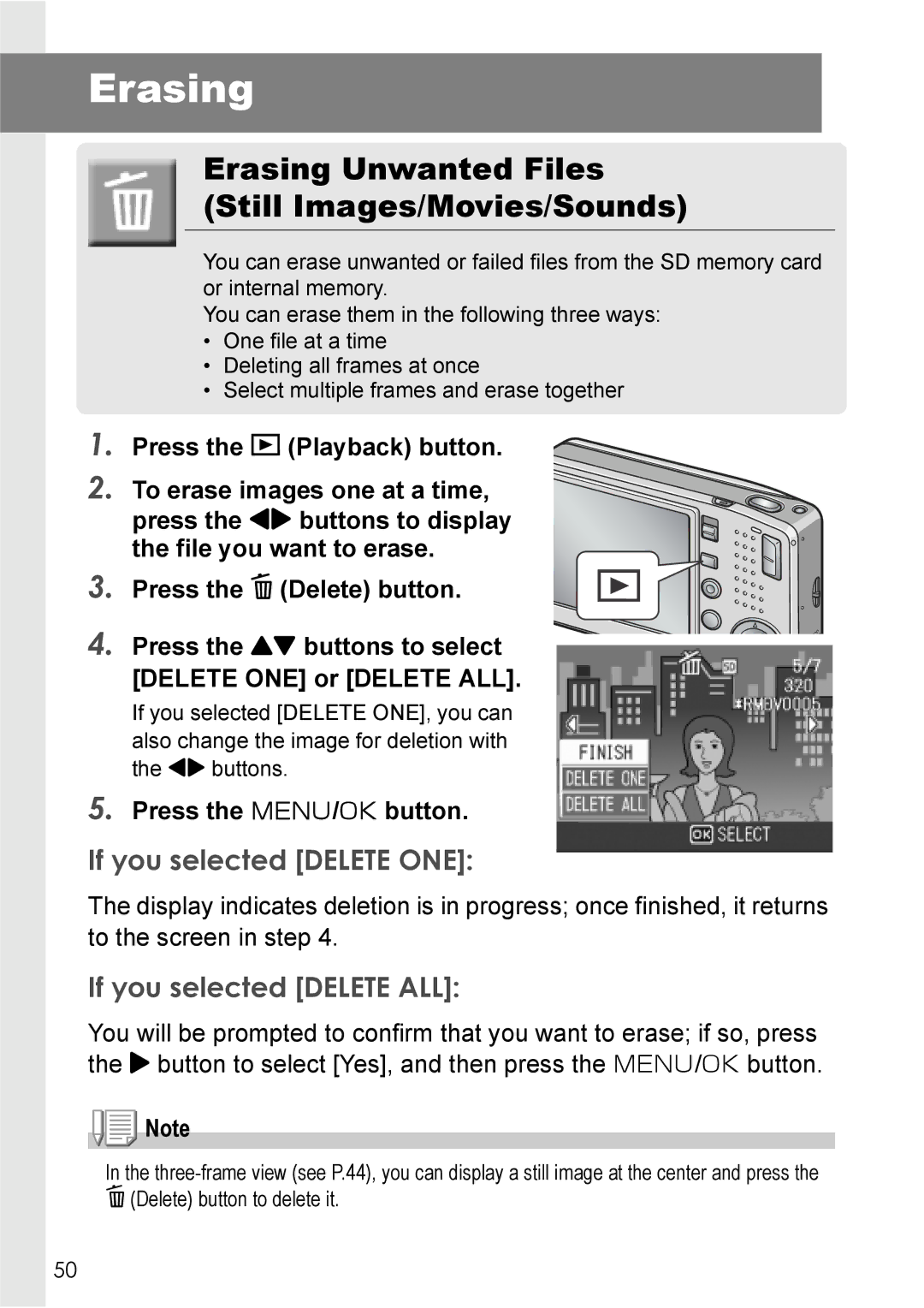 Ricoh R 3 Erasing Unwanted Files Still Images/Movies/Sounds, If you selected Delete ONE, If you selected Delete ALL 