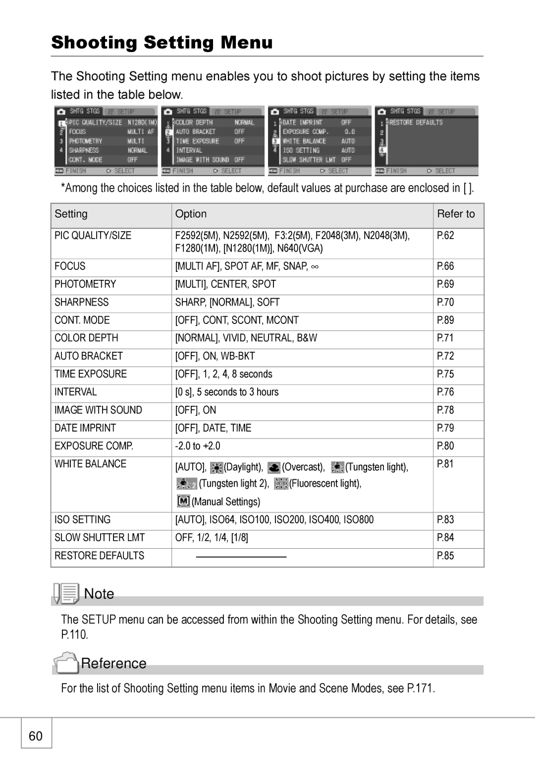 Ricoh R 3 manual Shooting Setting Menu, Setting Option Refer to 