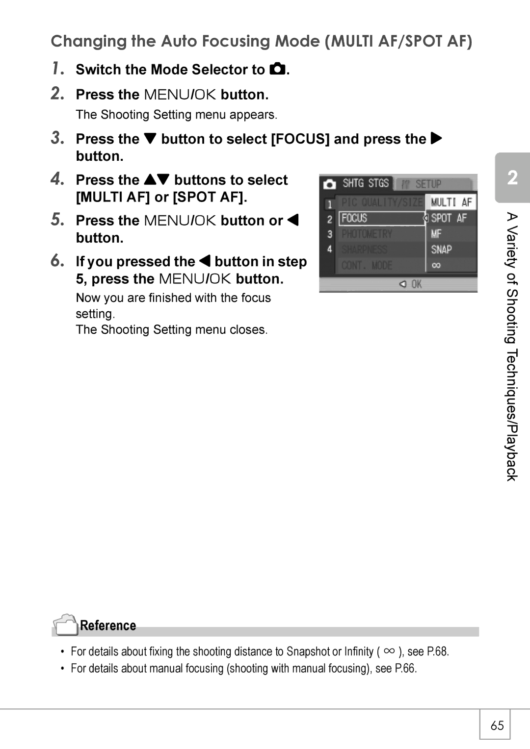 Ricoh R 3 manual Changing the Auto Focusing Mode Multi AF/SPOT AF, Reference 