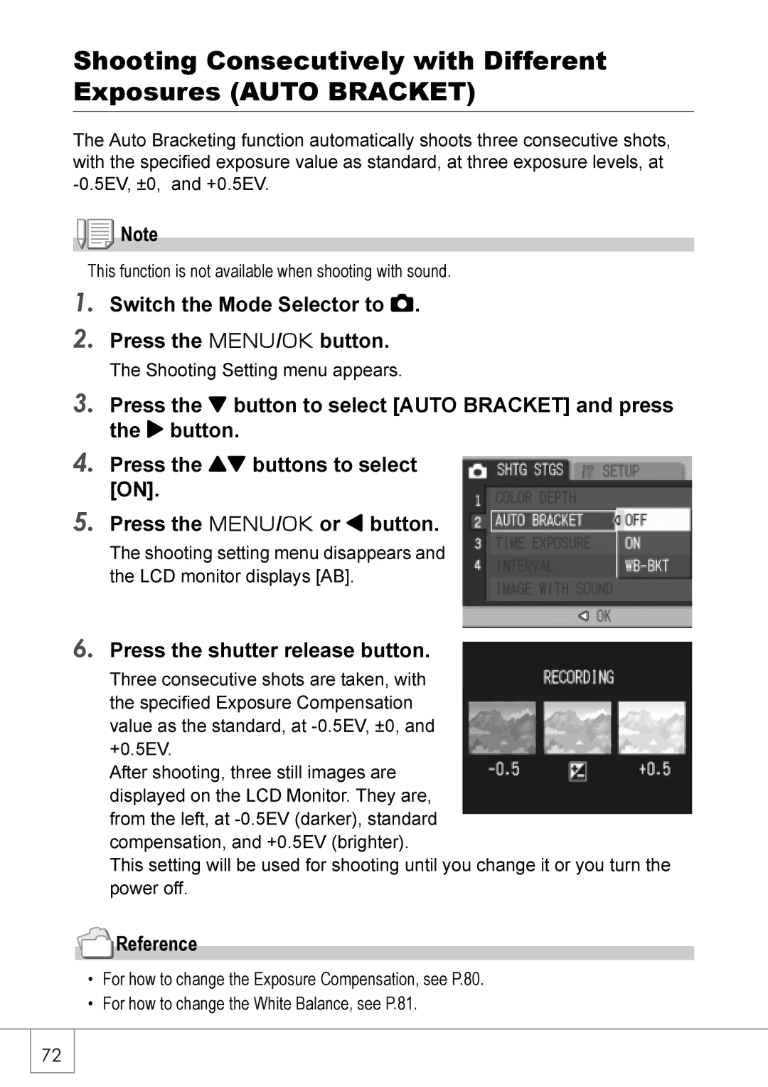 Ricoh R 3 manual Shooting Consecutively with Different Exposures Auto Bracket 