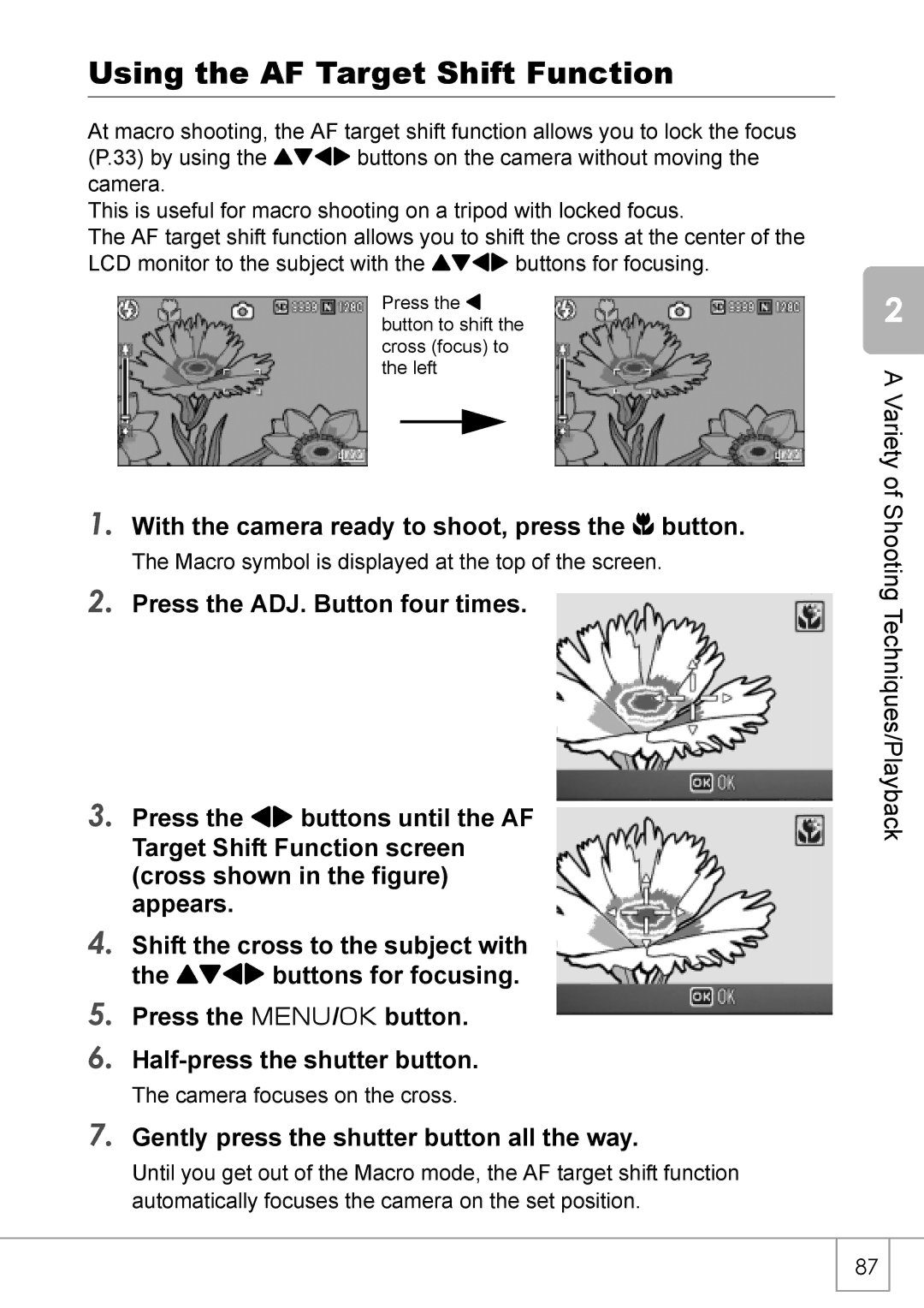 Ricoh R 3 manual Using the AF Target Shift Function, With the camera ready to shoot, press the N button 