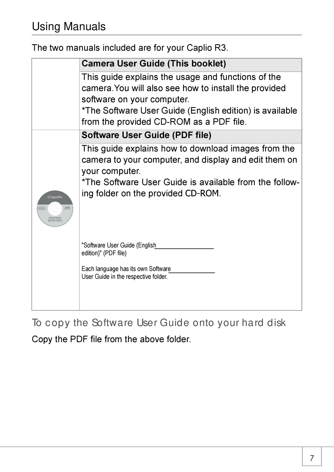 Ricoh R 3 manual Using Manuals, To copy the Software User Guide onto your hard disk, Camera User Guide This booklet 