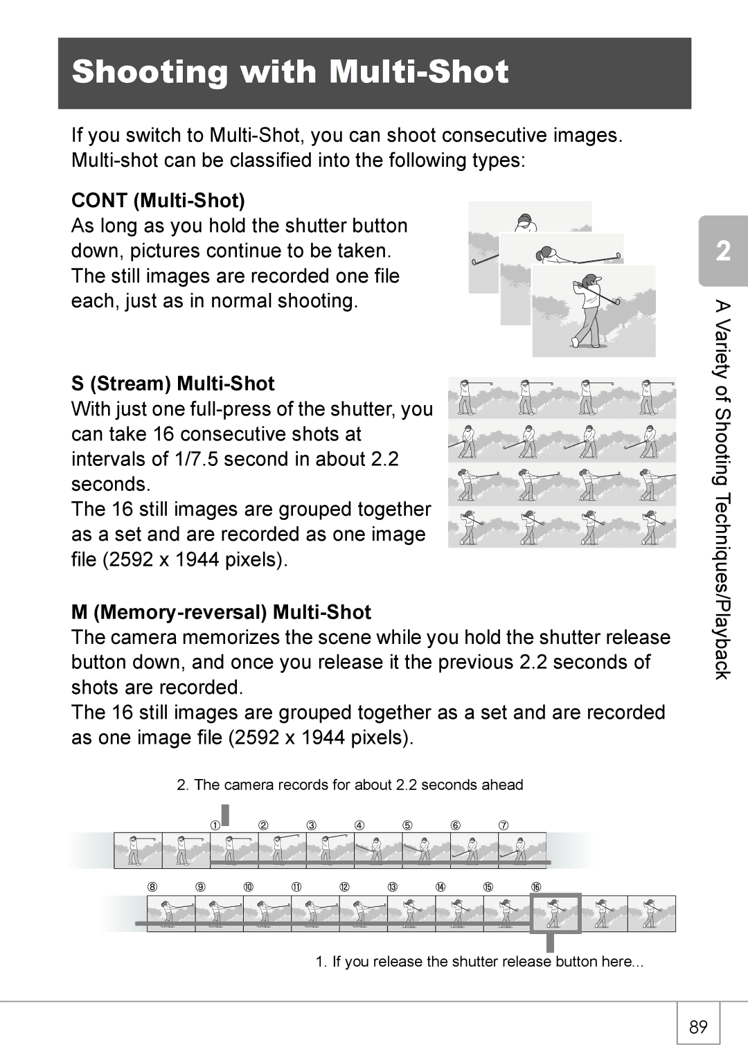 Ricoh R 3 manual Shooting with Multi-Shot, Stream Multi-Shot, Memory-reversal Multi-Shot 