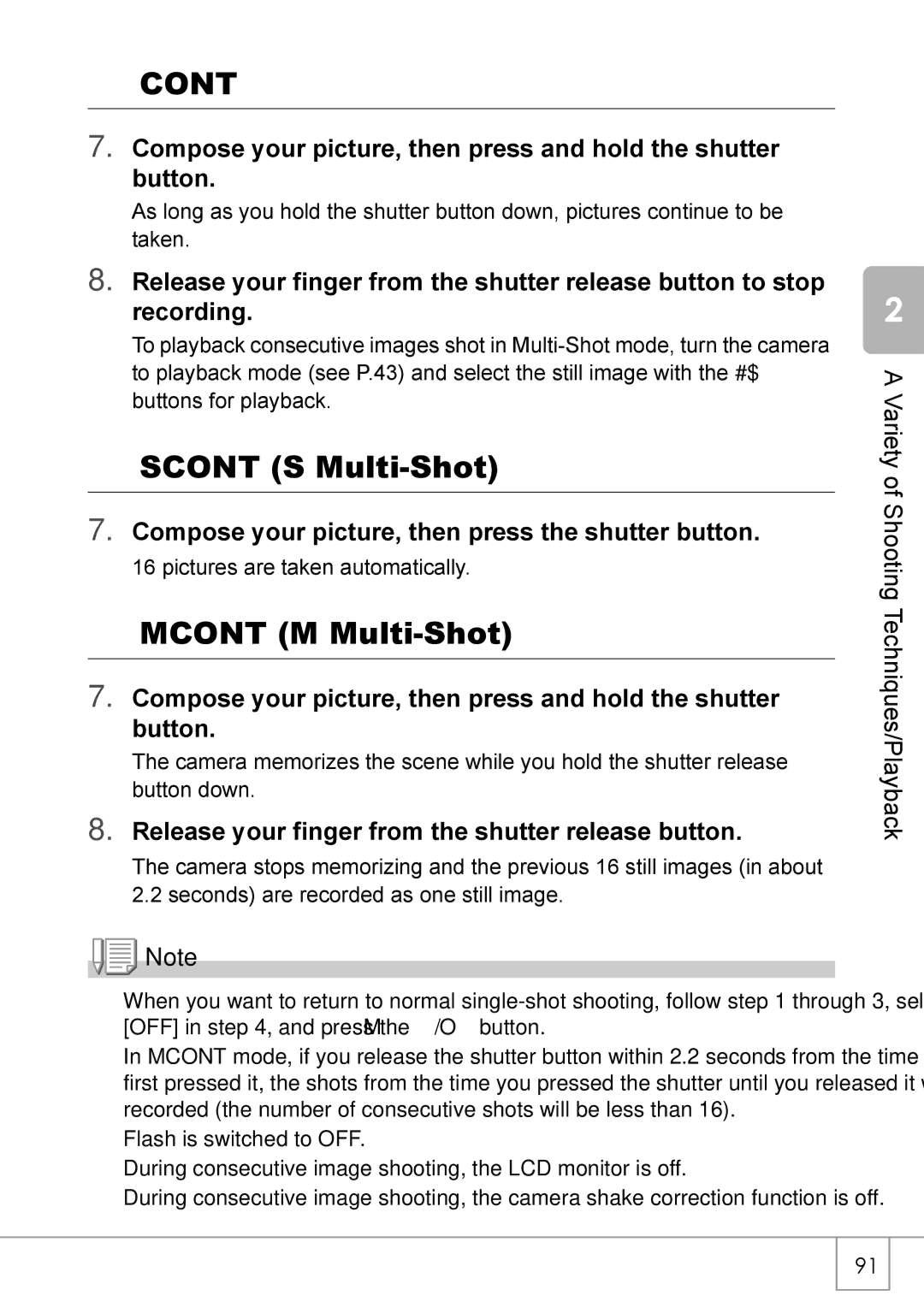 Ricoh R 3 manual Cont, Scont S Multi-Shot, Mcont M Multi-Shot, Compose your picture, then press the shutter button 