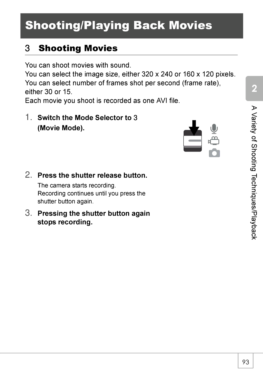 Ricoh R 3 manual Shooting/Playing Back Movies, Shooting Movies, Pressing the shutter button again stops recording 