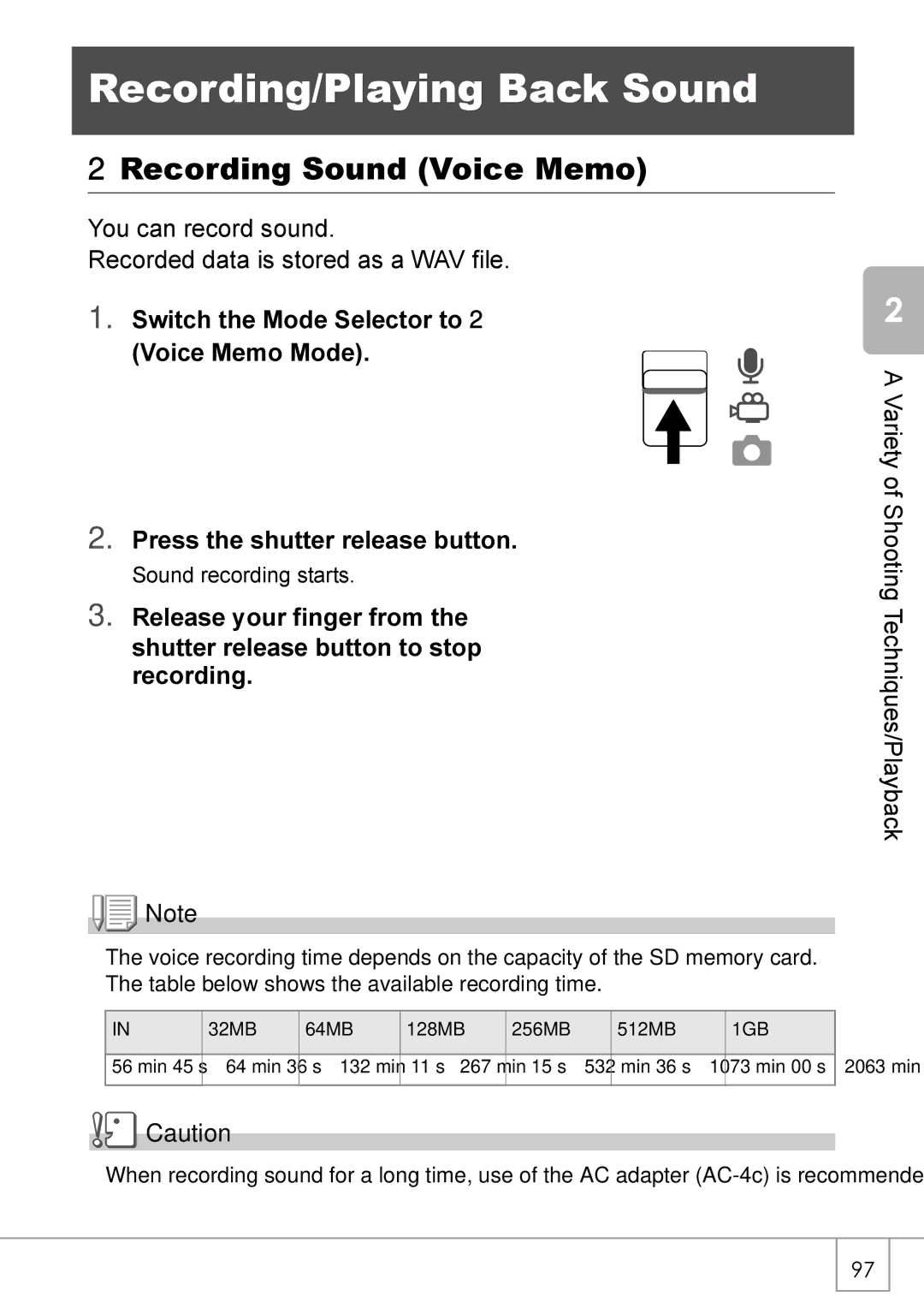 Ricoh R 3 Recording/Playing Back Sound, Recording Sound Voice Memo, Min 45 s Min 36 s Min 11 s Min 15 s Min 00 s Min 25 s 